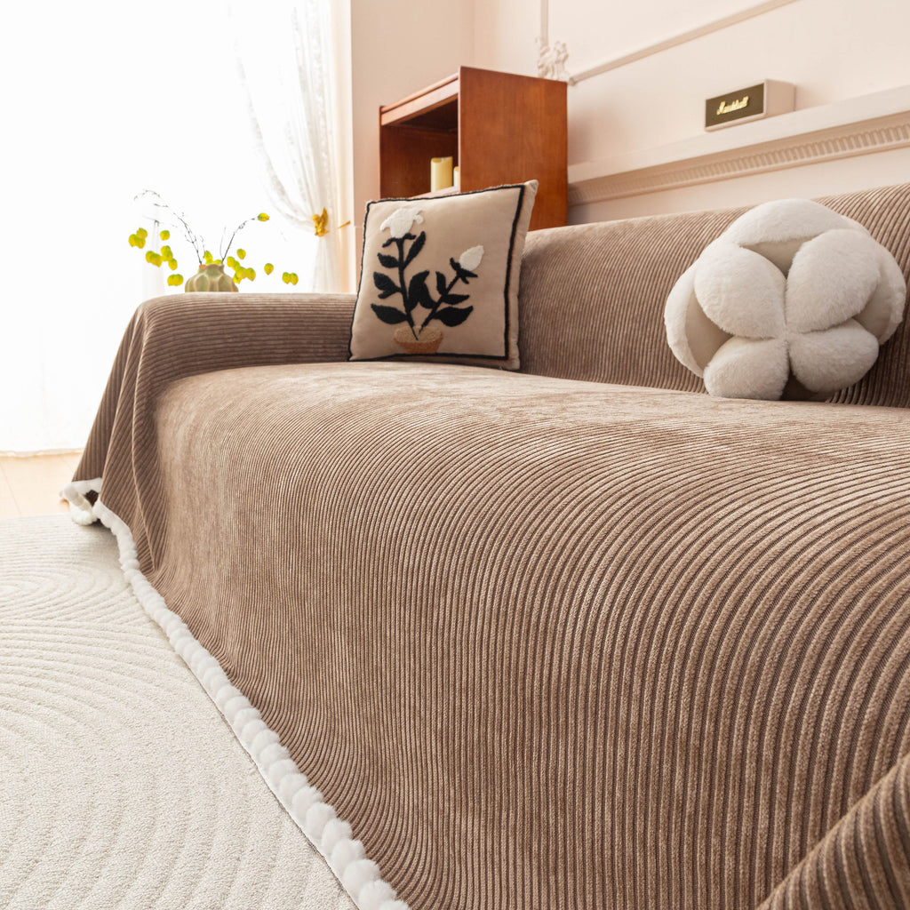 Textured Striped Cozy Couch Cover Throw Blanket with Pom Pom Trim for Sectional Sofa