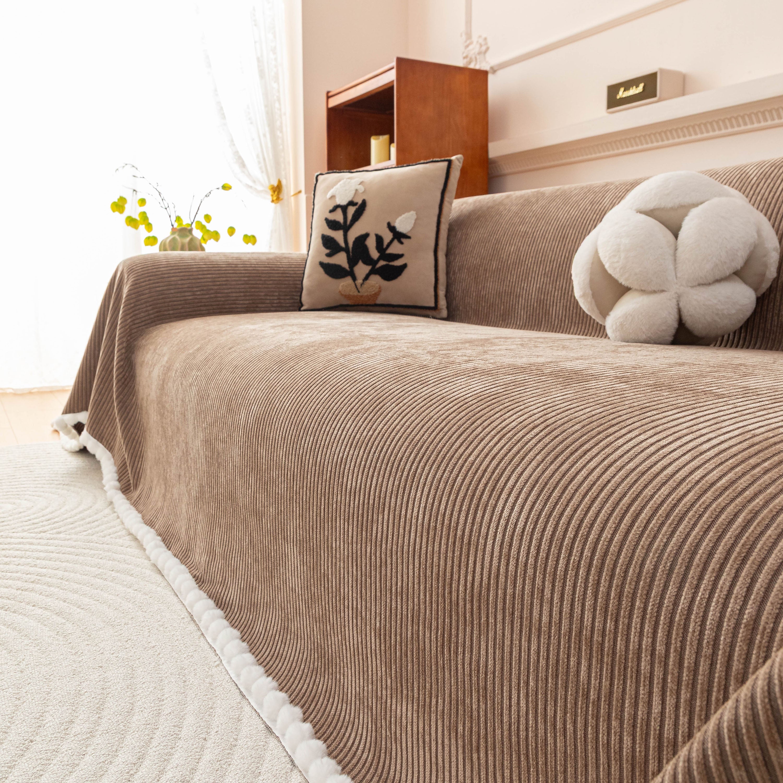 Textured Striped Cozy Couch Cover Throw Blanket with Pom Pom Trim for Sectional Sofa