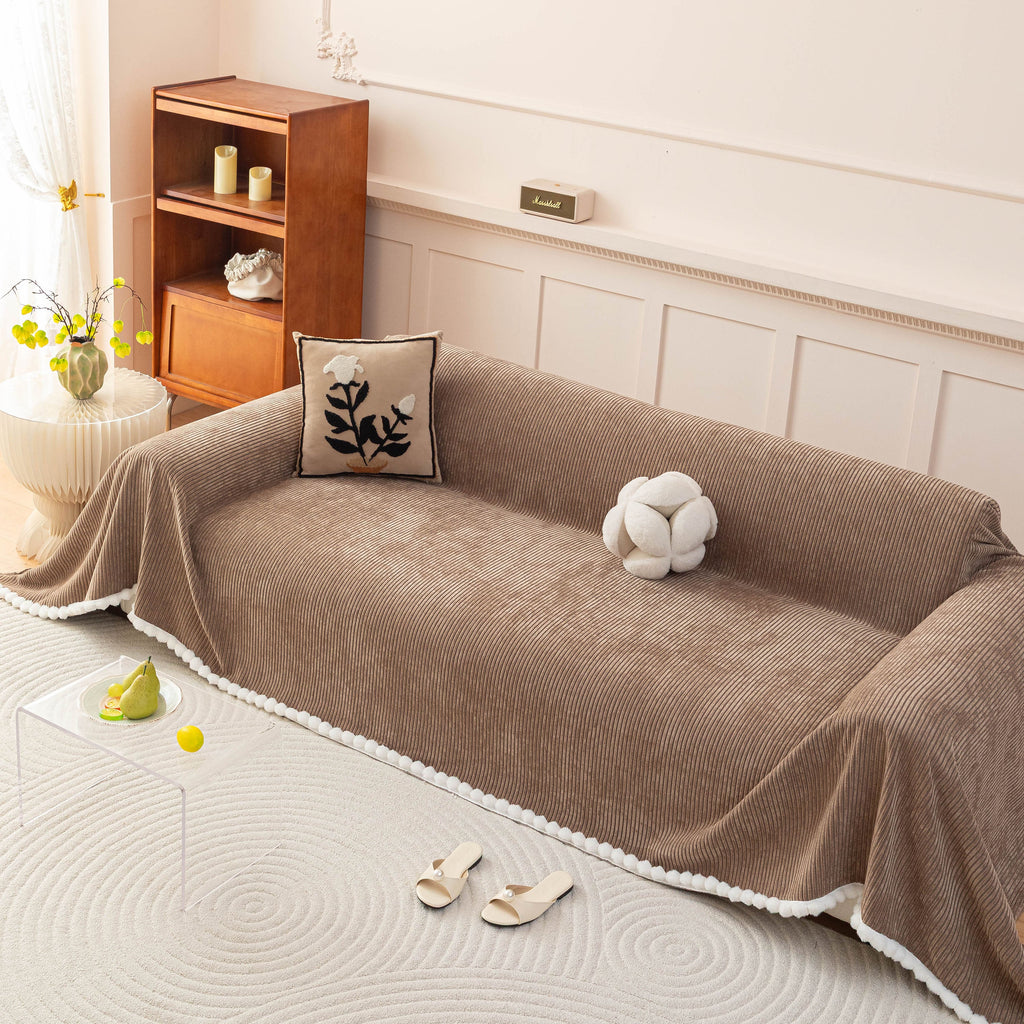 Textured Striped Cozy Couch Cover Throw Blanket with Pom Pom Trim for Sectional Sofa