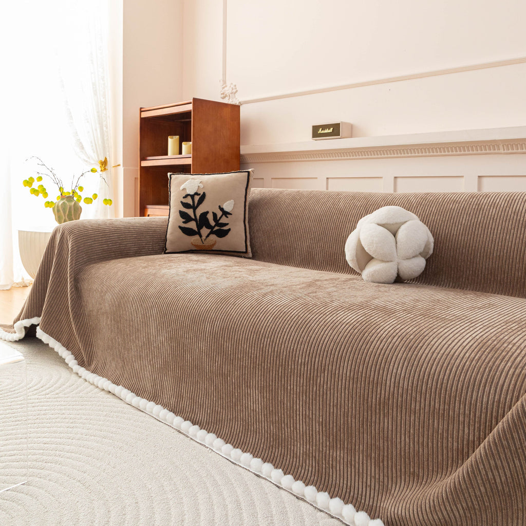Textured Striped Cozy Couch Cover Throw Blanket with Pom Pom Trim for Sectional Sofa