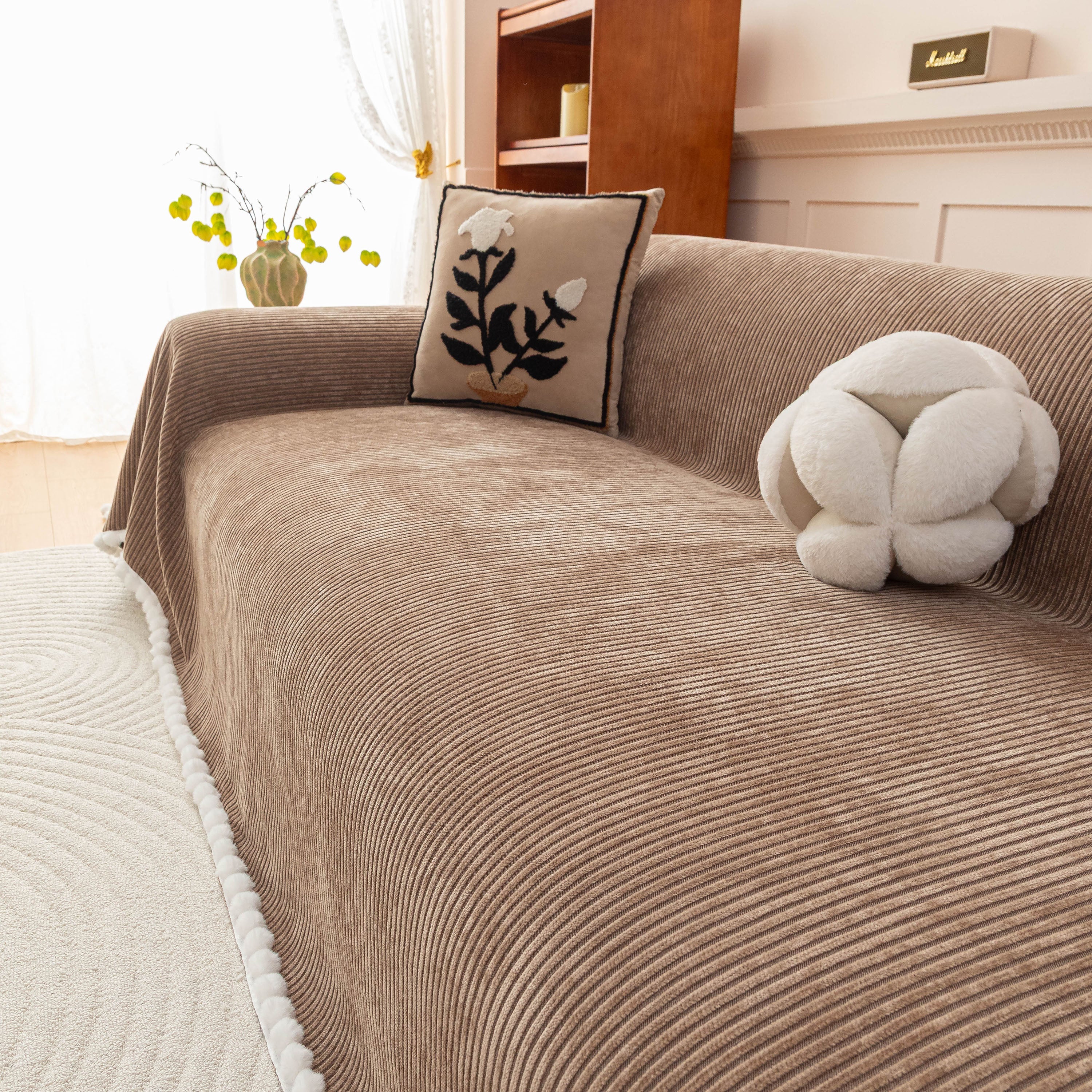 Textured Striped Cozy Couch Cover Throw Blanket with Pom Pom Trim for Sectional Sofa