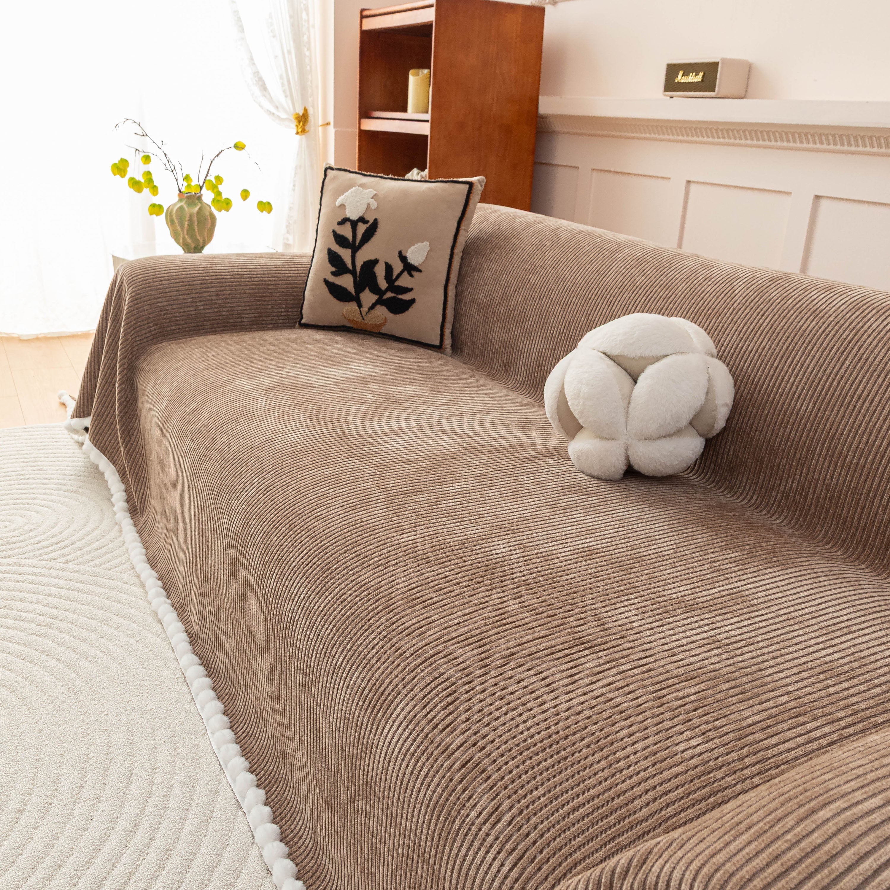 Textured Striped Cozy Couch Cover Throw Blanket with Pom Pom Trim for Sectional Sofa