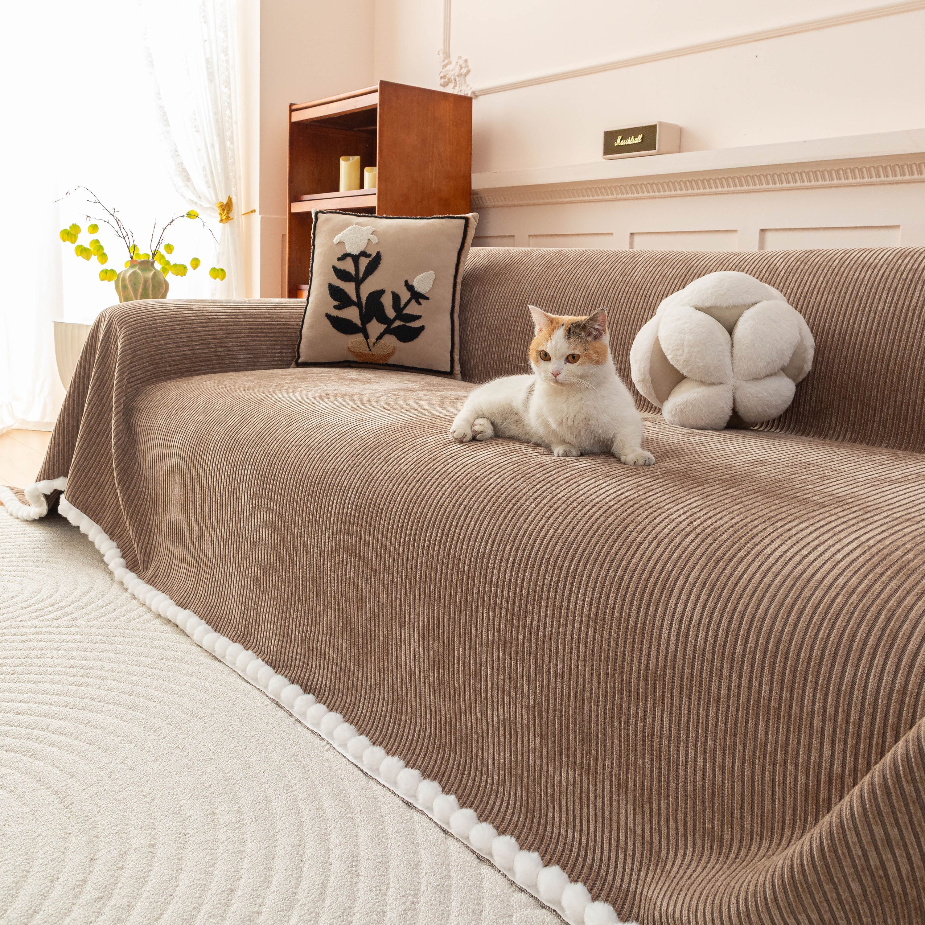 Textured Striped Cozy Couch Cover Throw Blanket with Pom Pom Trim for Sectional Sofa