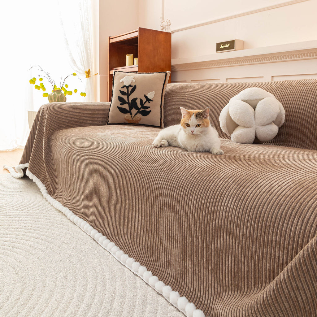 Textured Striped Cozy Couch Cover Throw Blanket with Pom Pom Trim for Sectional Sofa