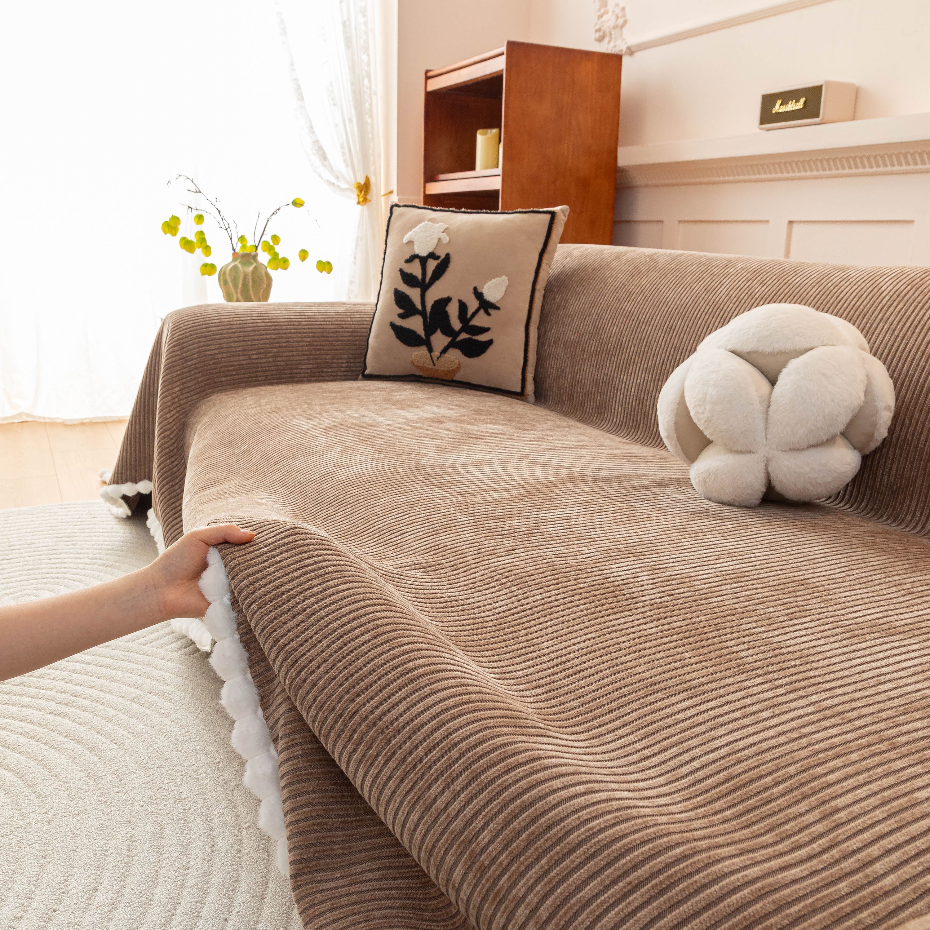 Textured Striped Cozy Couch Cover Throw Blanket with Pom Pom Trim for Sectional Sofa
