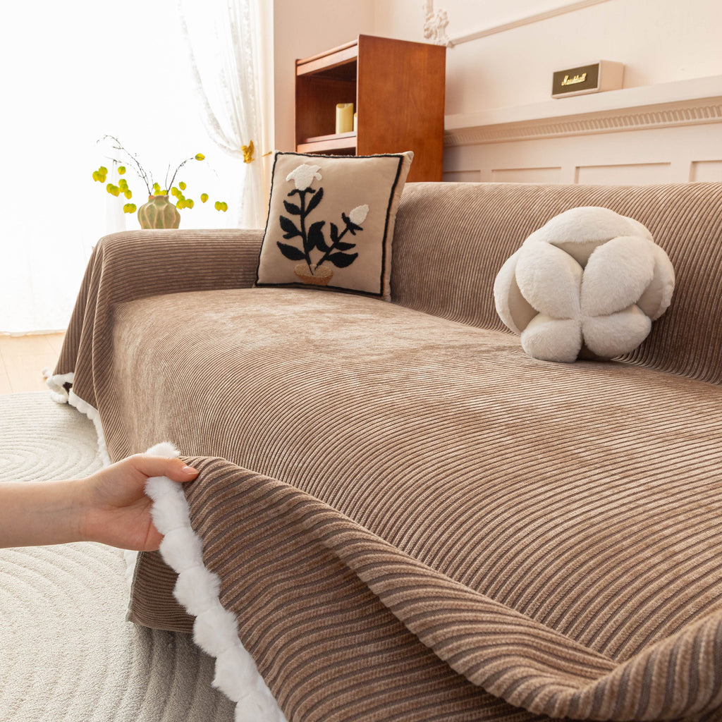 Textured Striped Cozy Couch Cover Throw Blanket with Pom Pom Trim for Sectional Sofa