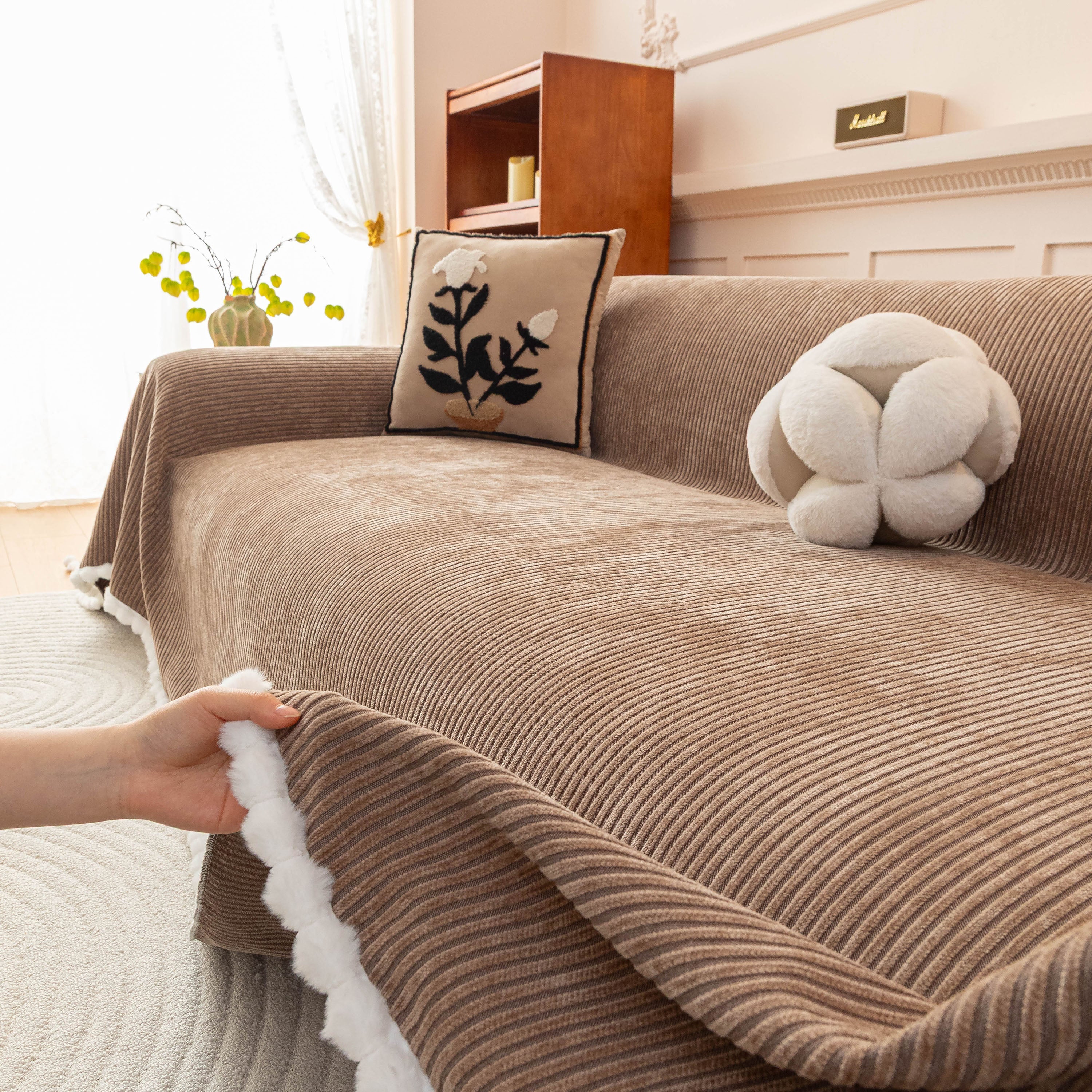 Textured Striped Cozy Couch Cover Throw Blanket with Pom Pom Trim for Sectional Sofa