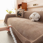 Textured Striped Cozy Couch Cover Throw Blanket with Pom Pom Trim for Sectional Sofa