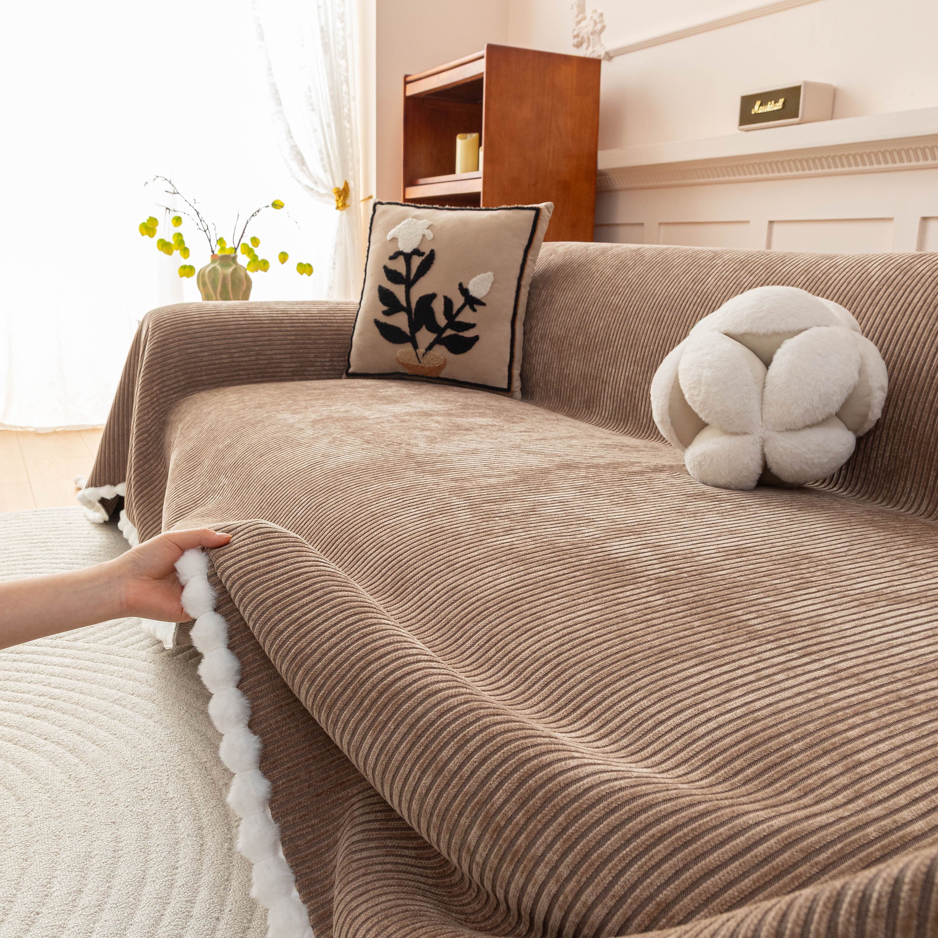 Textured Striped Cozy Couch Cover Throw Blanket with Pom Pom Trim for Sectional Sofa