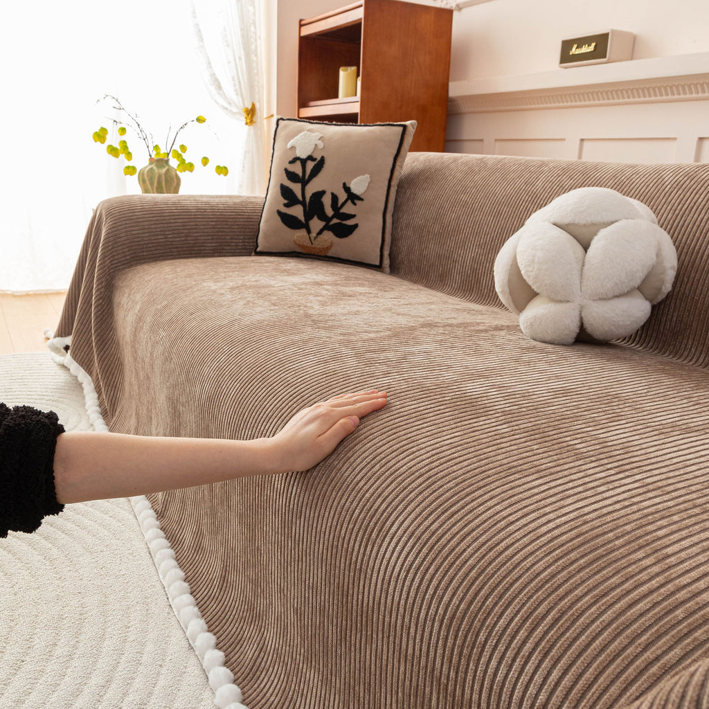 Textured Striped Cozy Couch Cover Throw Blanket with Pom Pom Trim for Sectional Sofa