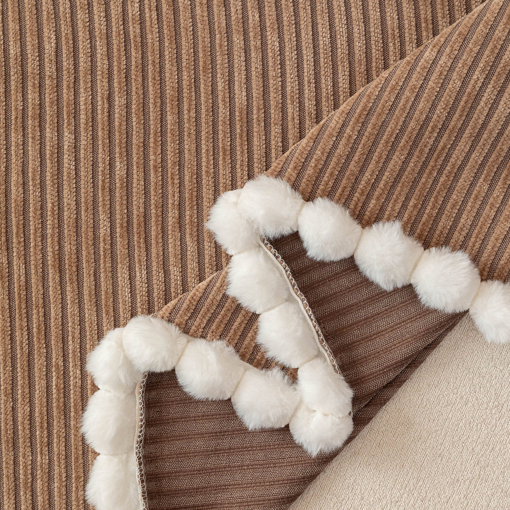 Textured Striped Cozy Couch Cover Throw Blanket with Pom Pom Trim for Sectional Sofa