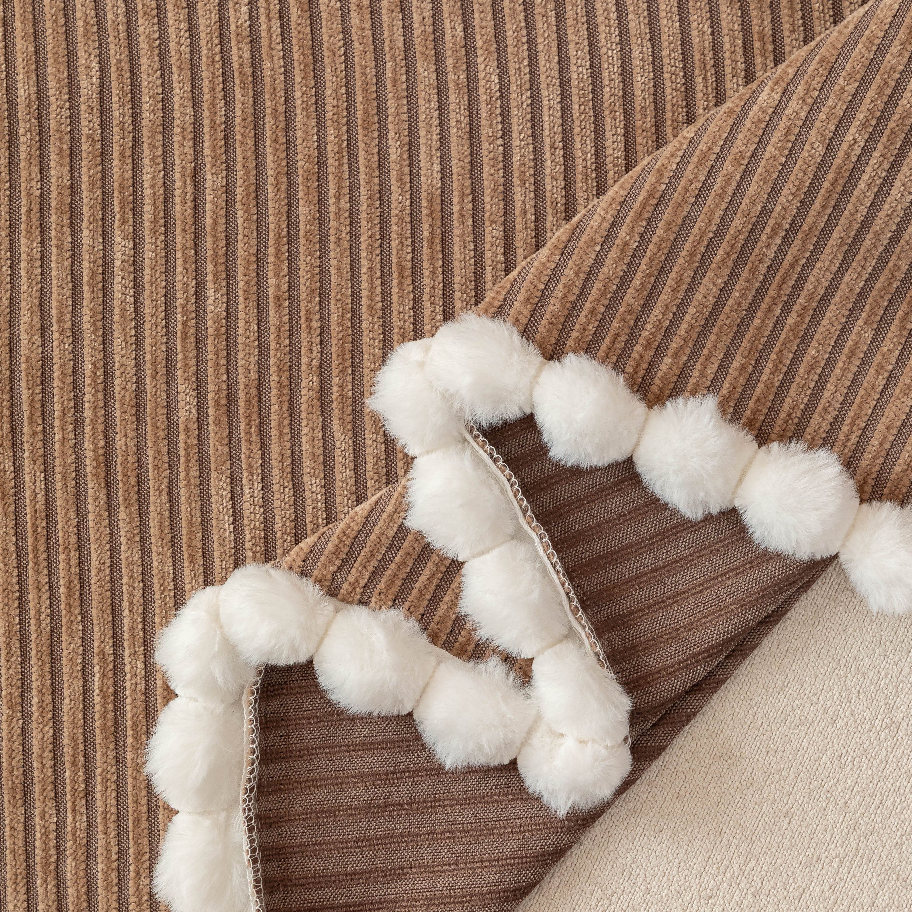 Textured Striped Cozy Couch Cover Throw Blanket with Pom Pom Trim for Sectional Sofa
