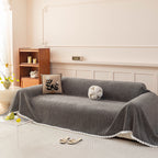 Textured Striped Cozy Couch Cover Throw Blanket with Pom Pom Trim for Sectional Sofa