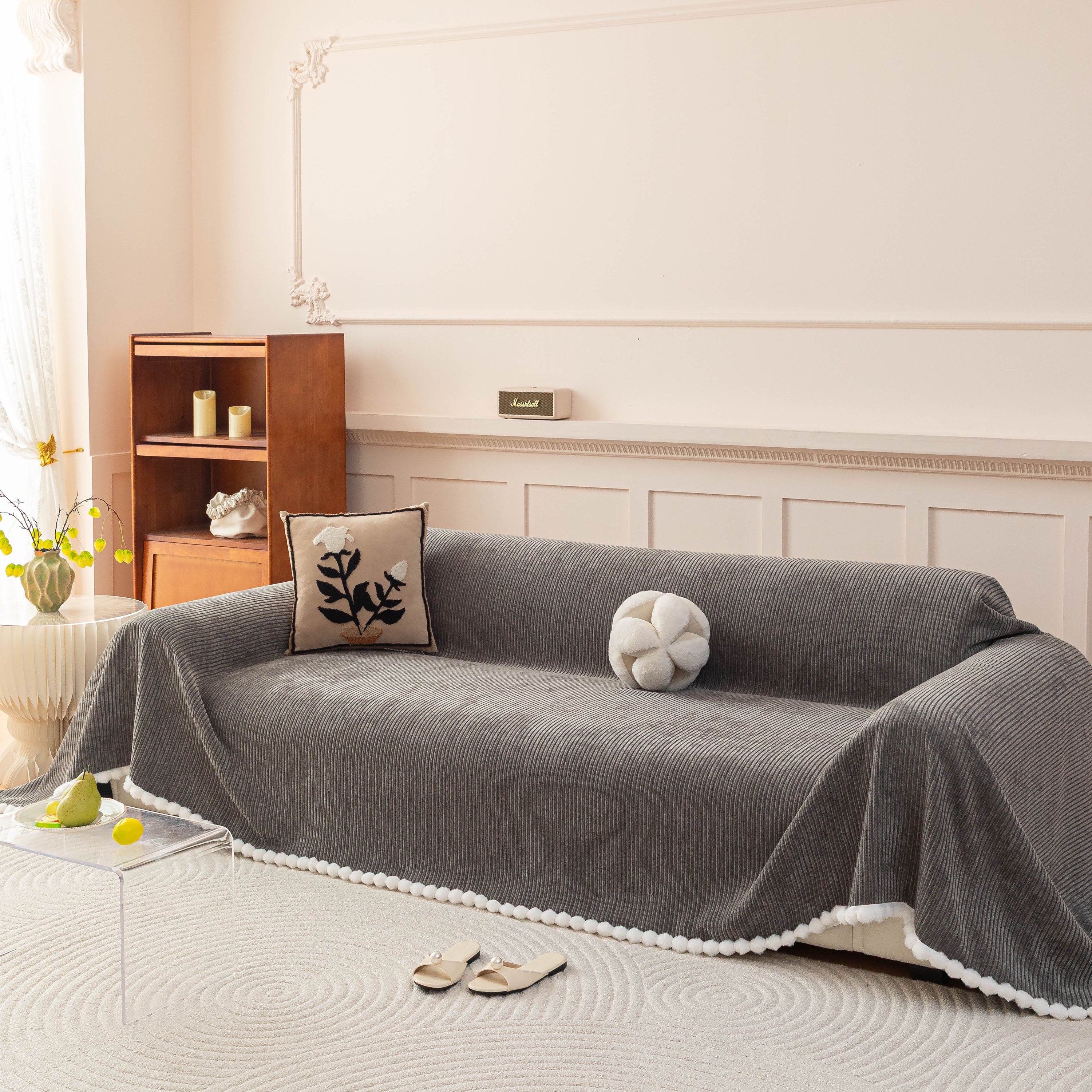 Textured Striped Cozy Couch Cover Throw Blanket with Pom Pom Trim for Sectional Sofa