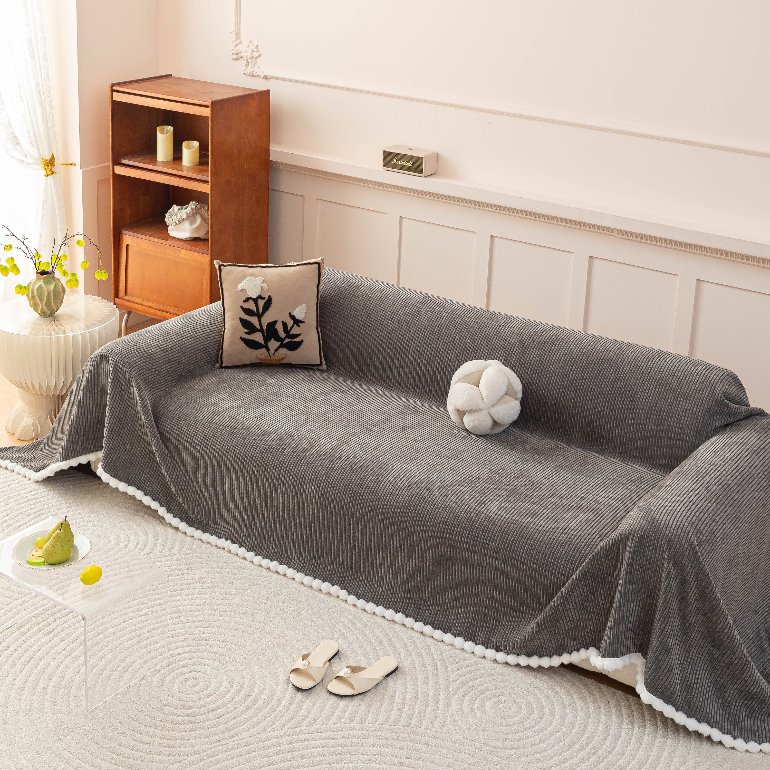 Textured Striped Cozy Couch Cover Throw Blanket with Pom Pom Trim for Sectional Sofa