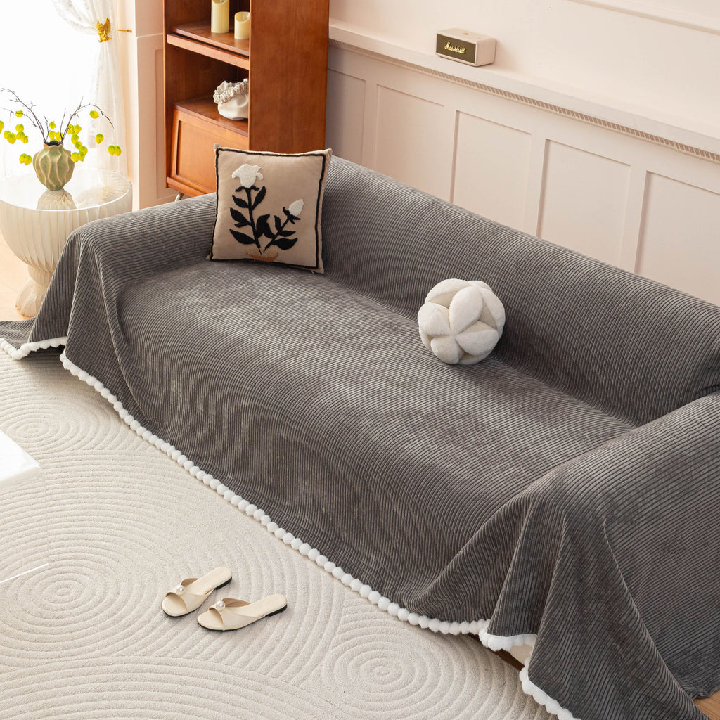 Textured Striped Cozy Couch Cover Throw Blanket with Pom Pom Trim for Sectional Sofa