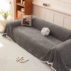 Textured Striped Cozy Couch Cover Throw Blanket with Pom Pom Trim for Sectional Sofa