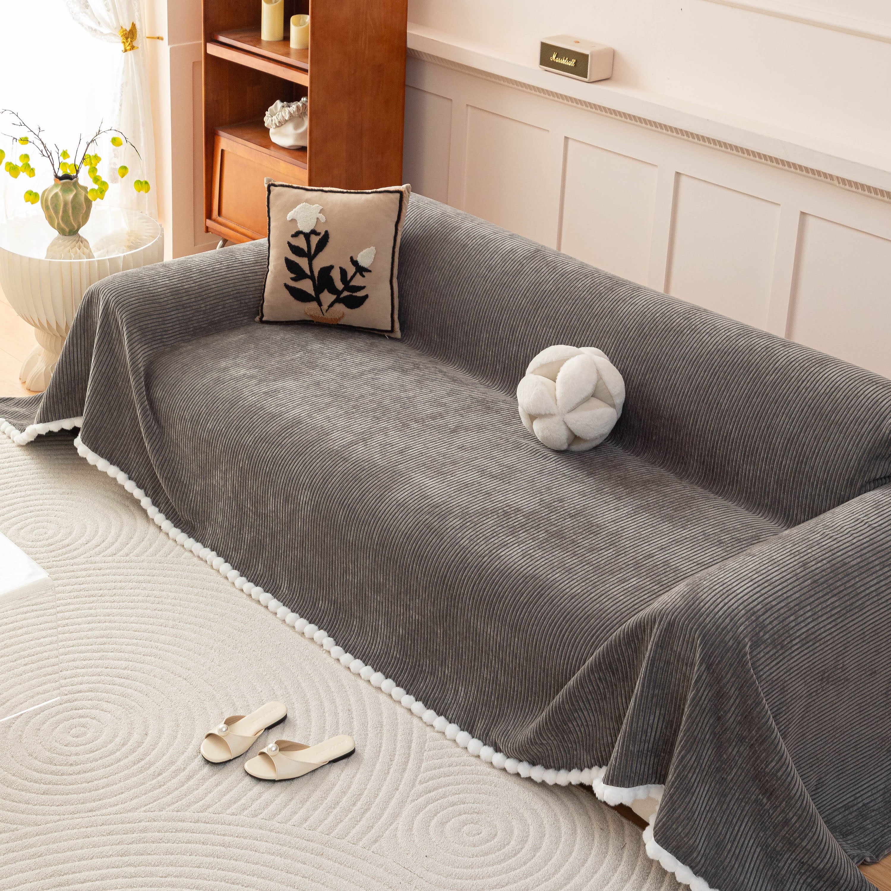 Textured Striped Cozy Couch Cover Throw Blanket with Pom Pom Trim for Sectional Sofa