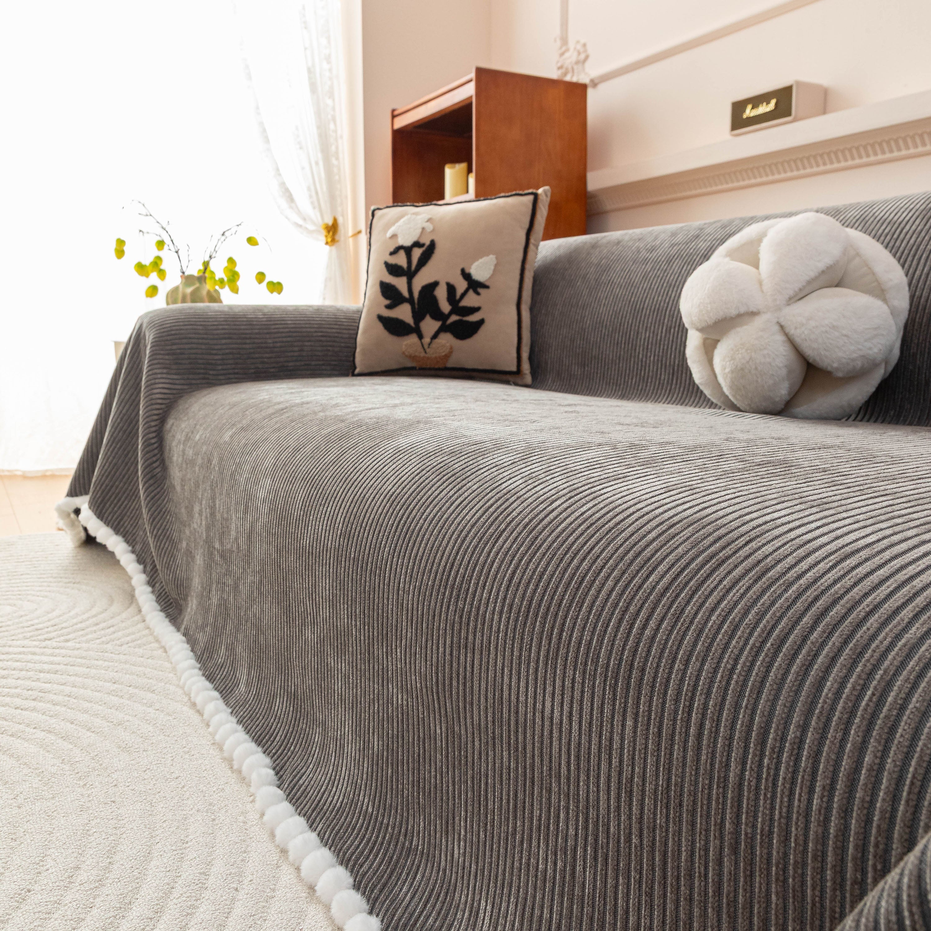 Textured Striped Cozy Couch Cover Throw Blanket with Pom Pom Trim for Sectional Sofa