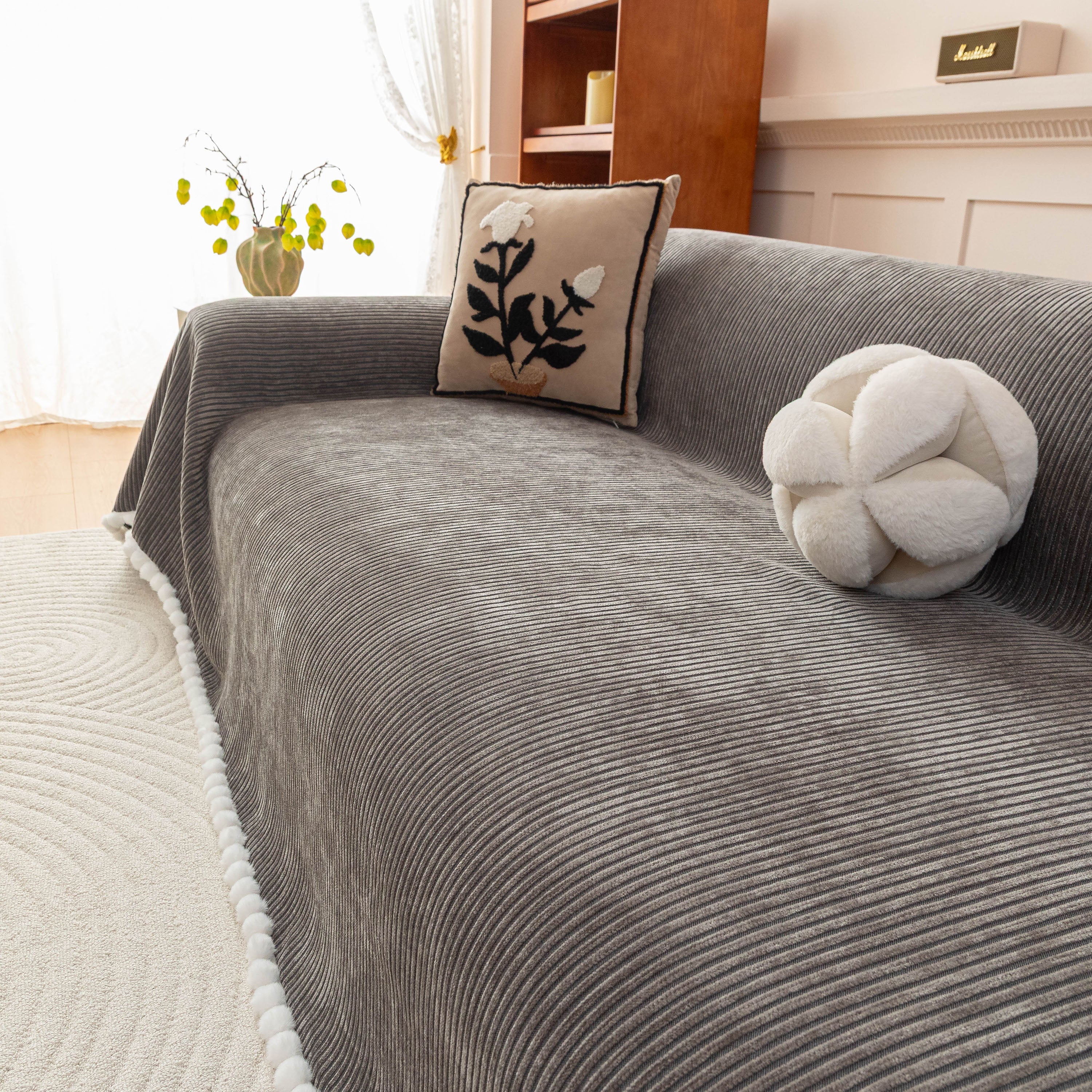 Textured Striped Cozy Couch Cover Throw Blanket with Pom Pom Trim for Sectional Sofa