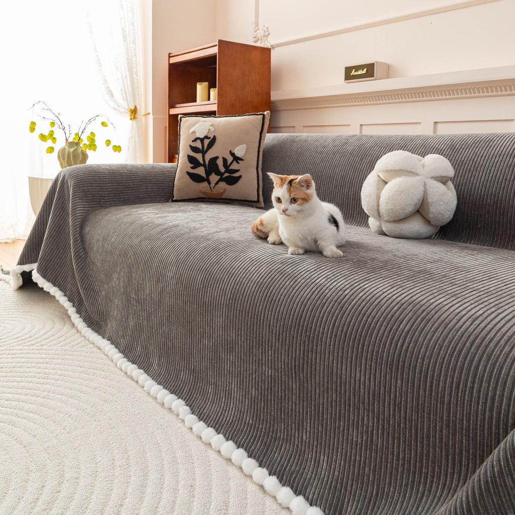 Textured Striped Cozy Couch Cover Throw Blanket with Pom Pom Trim for Sectional Sofa