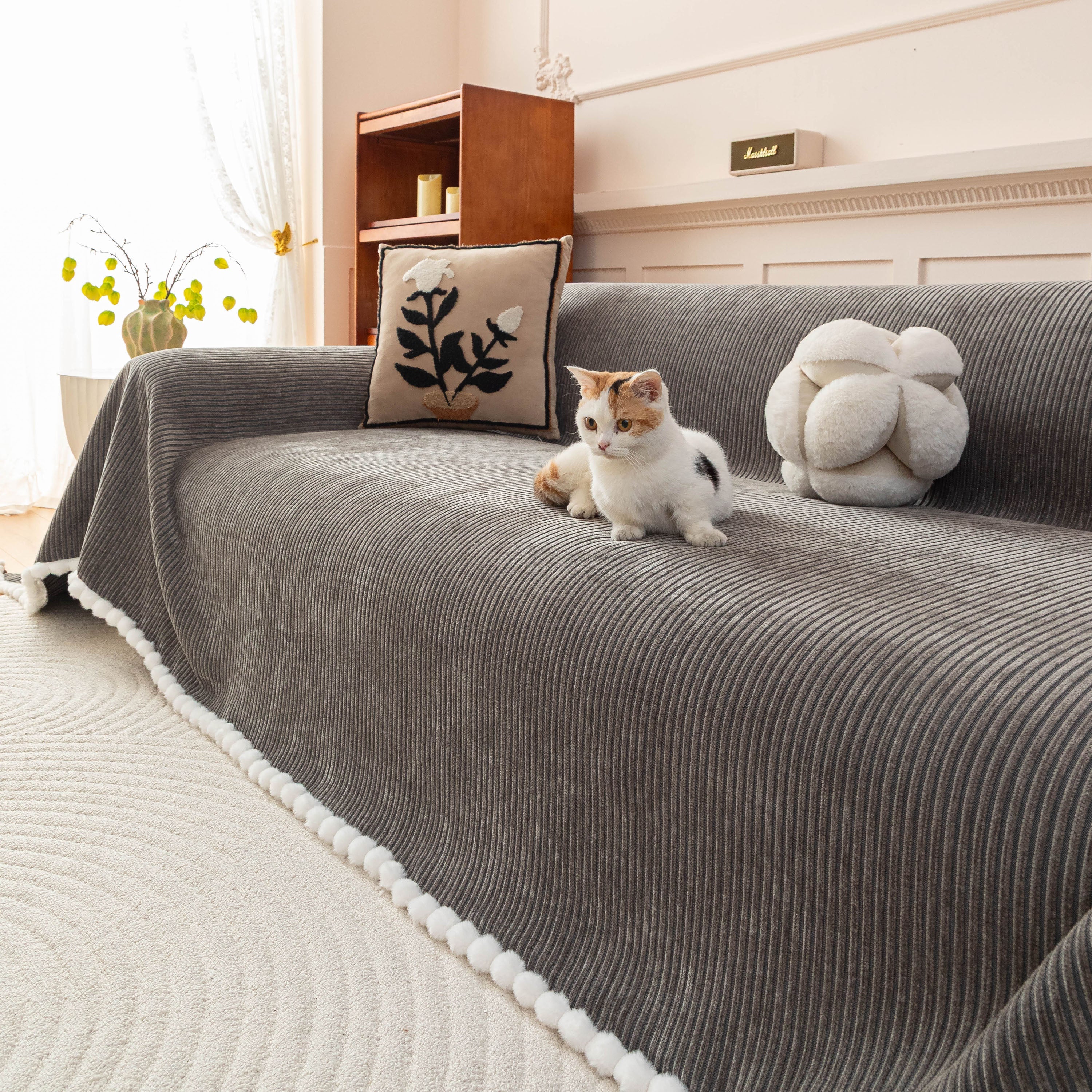 Textured Striped Cozy Couch Cover Throw Blanket with Pom Pom Trim for Sectional Sofa