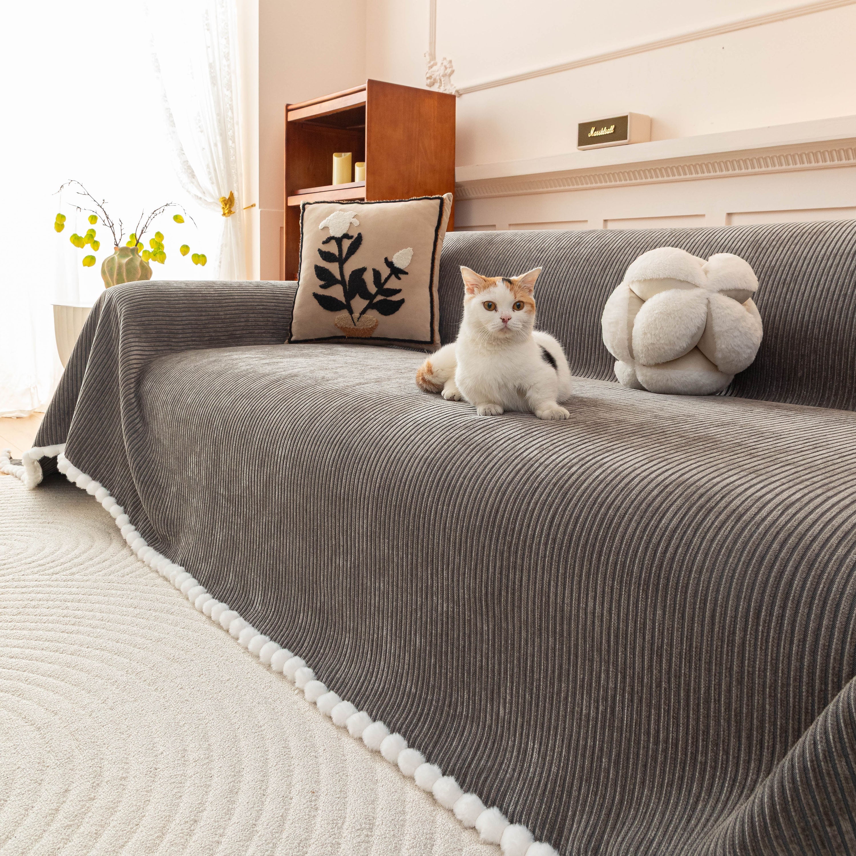 Textured Striped Cozy Couch Cover Throw Blanket with Pom Pom Trim for Sectional Sofa