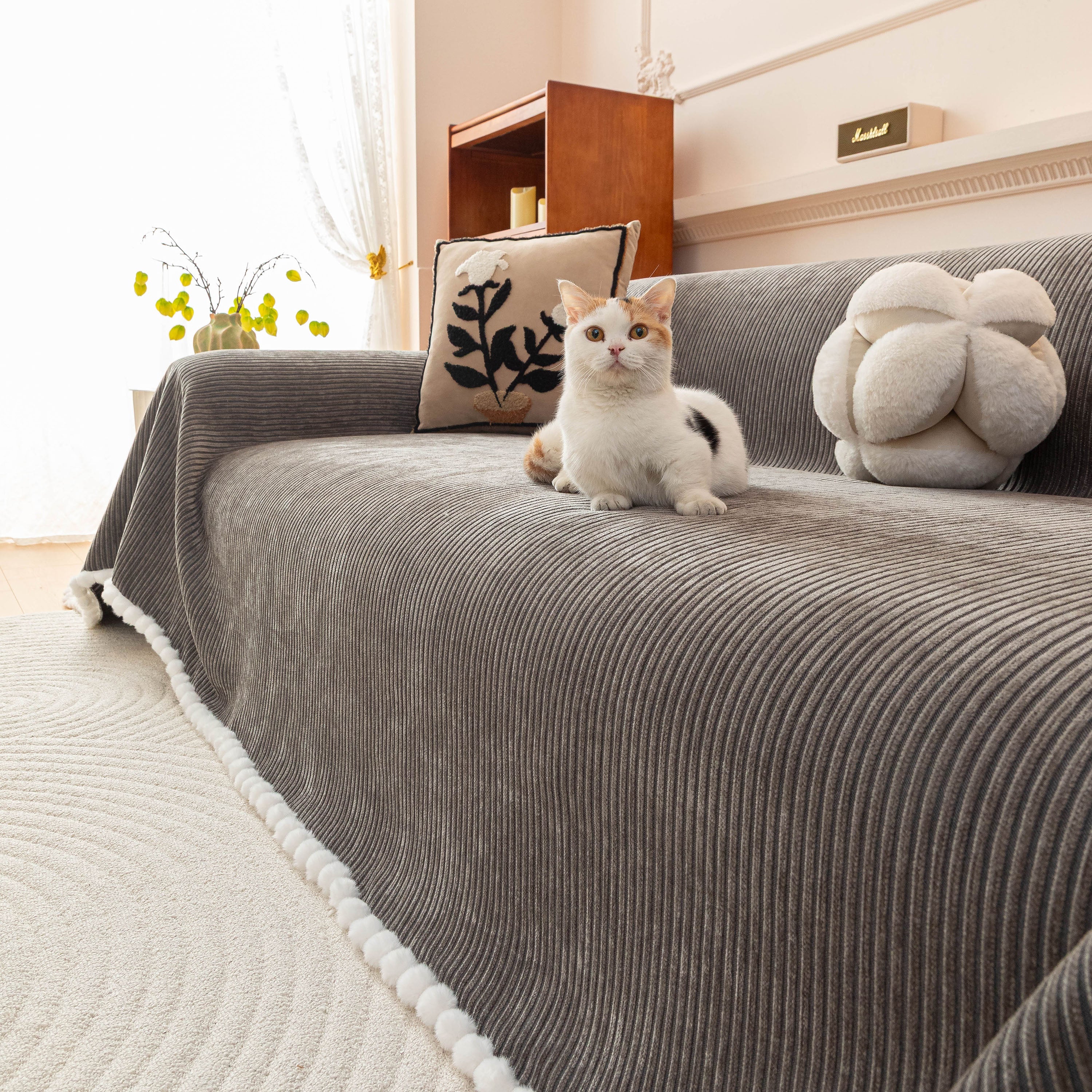 Textured Striped Cozy Couch Cover Throw Blanket with Pom Pom Trim for Sectional Sofa