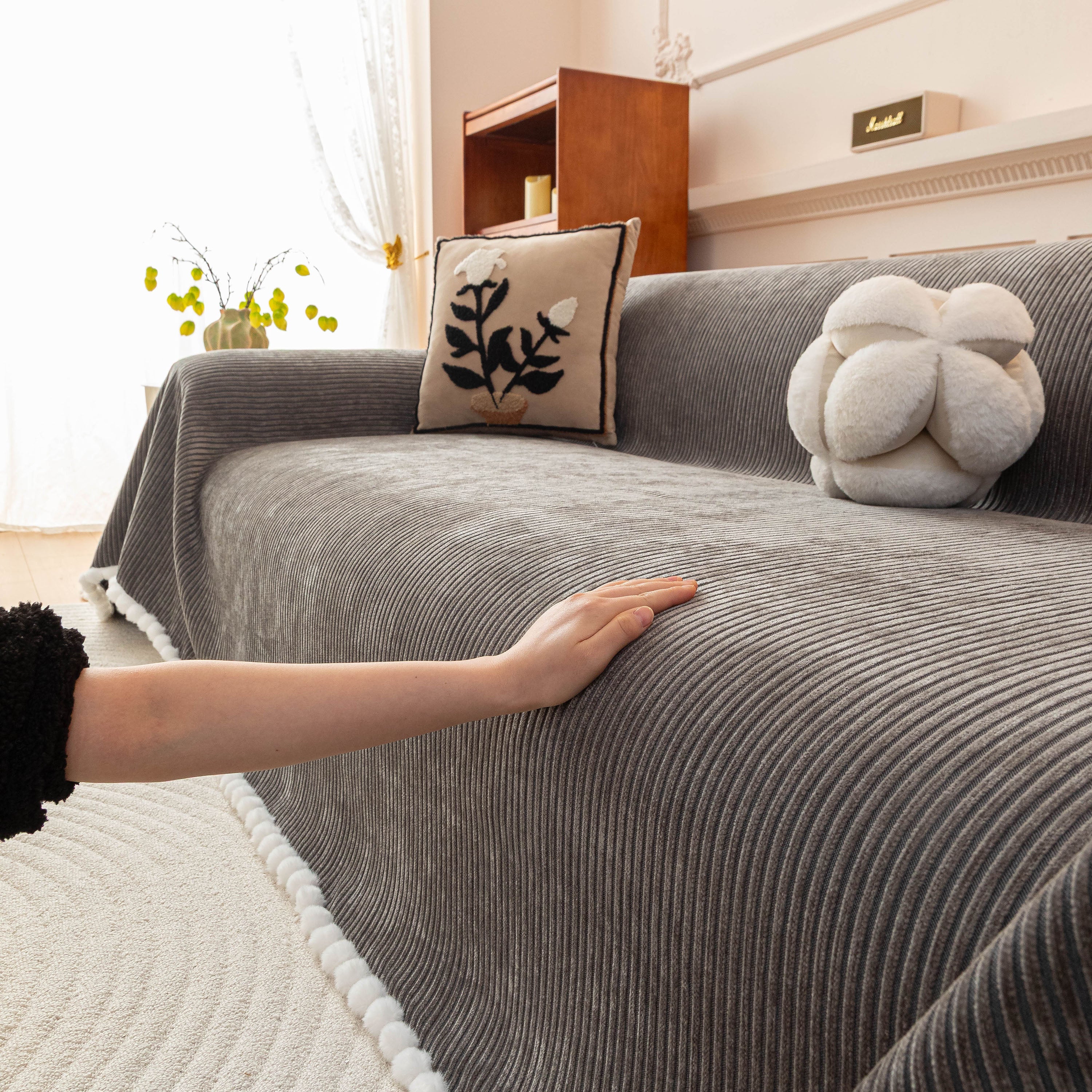 Textured Striped Cozy Couch Cover Throw Blanket with Pom Pom Trim for Sectional Sofa