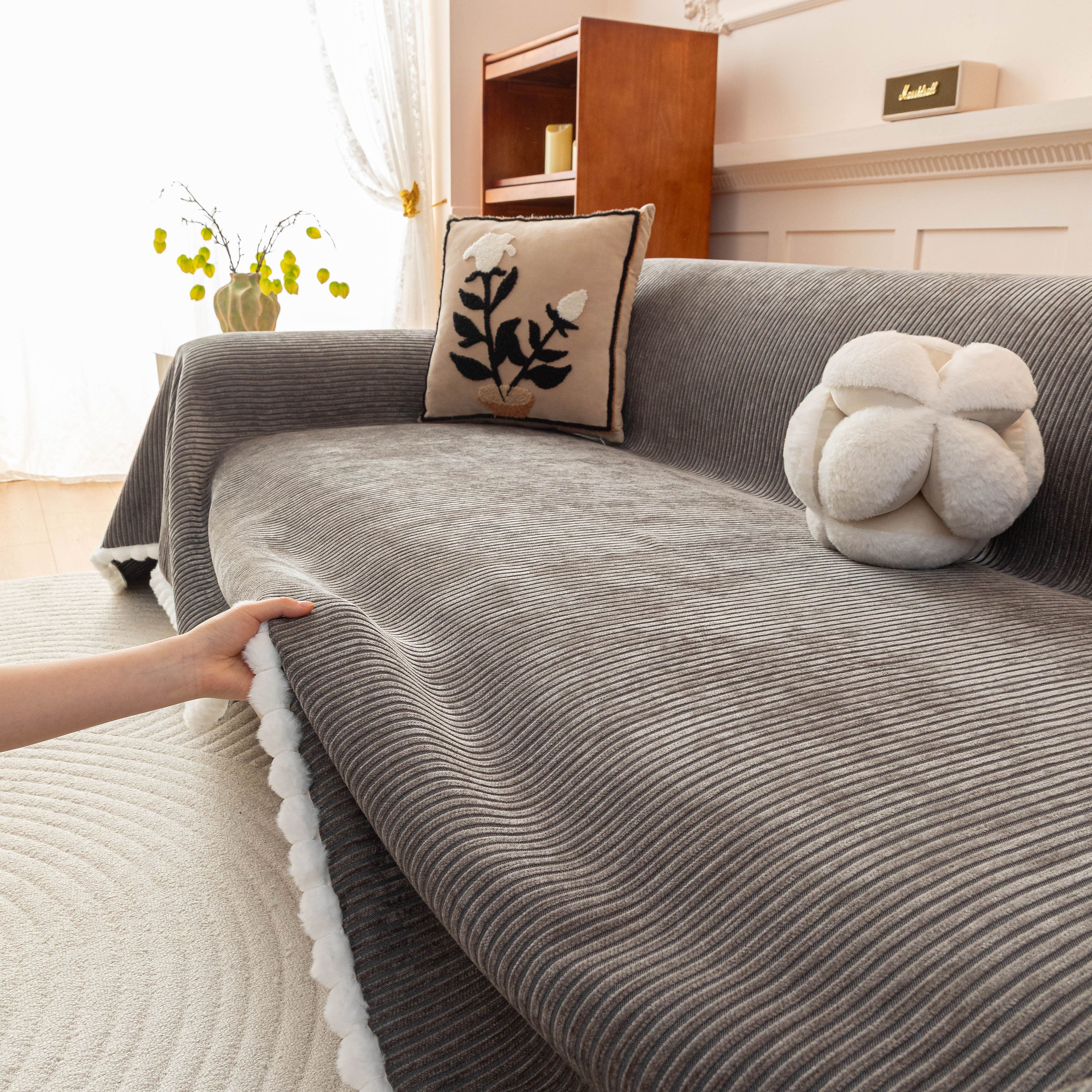 Textured Striped Cozy Couch Cover Throw Blanket with Pom Pom Trim for Sectional Sofa