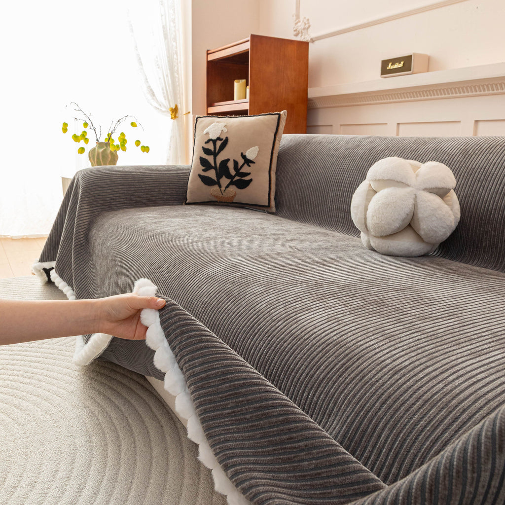 Textured Striped Cozy Couch Cover Throw Blanket with Pom Pom Trim for Sectional Sofa