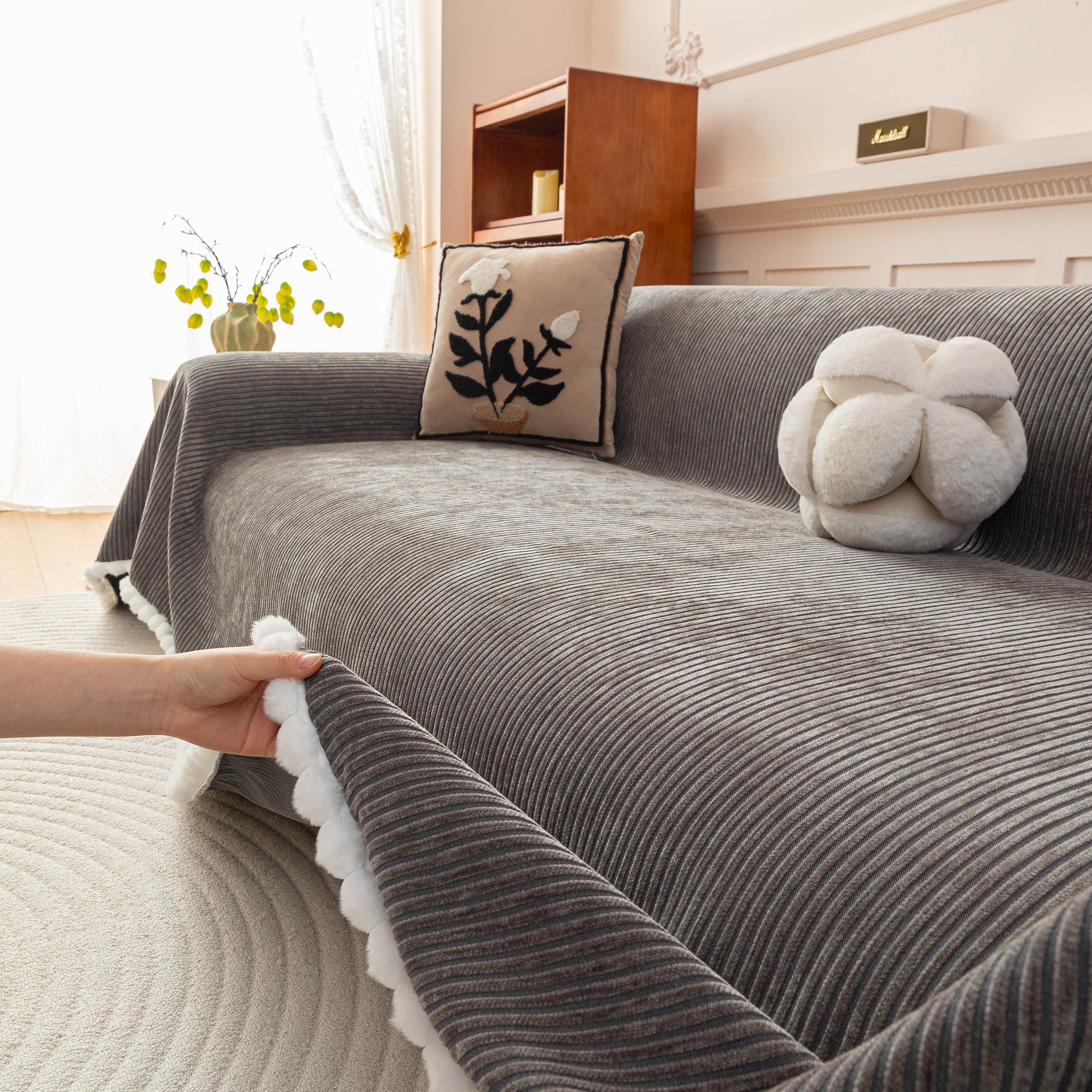 Textured Striped Cozy Couch Cover Throw Blanket with Pom Pom Trim for Sectional Sofa