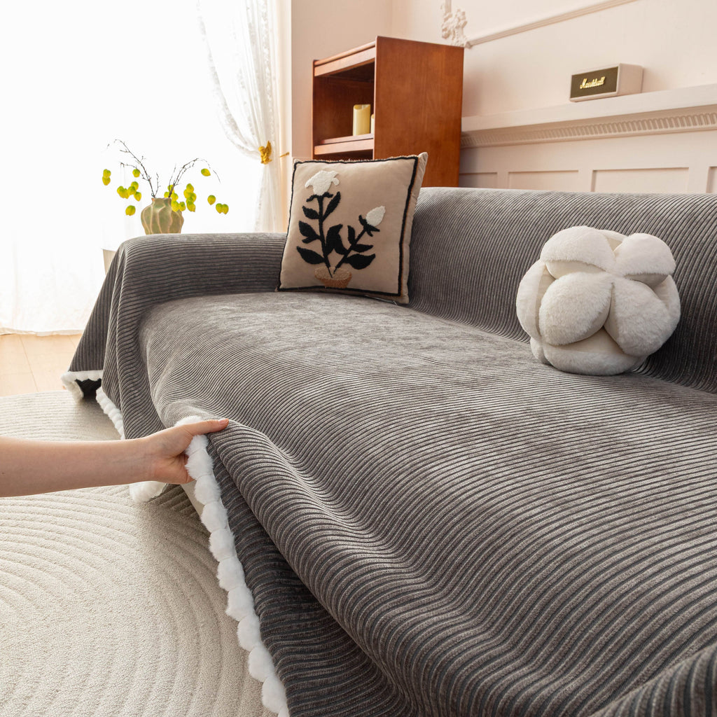Textured Striped Cozy Couch Cover Throw Blanket with Pom Pom Trim for Sectional Sofa