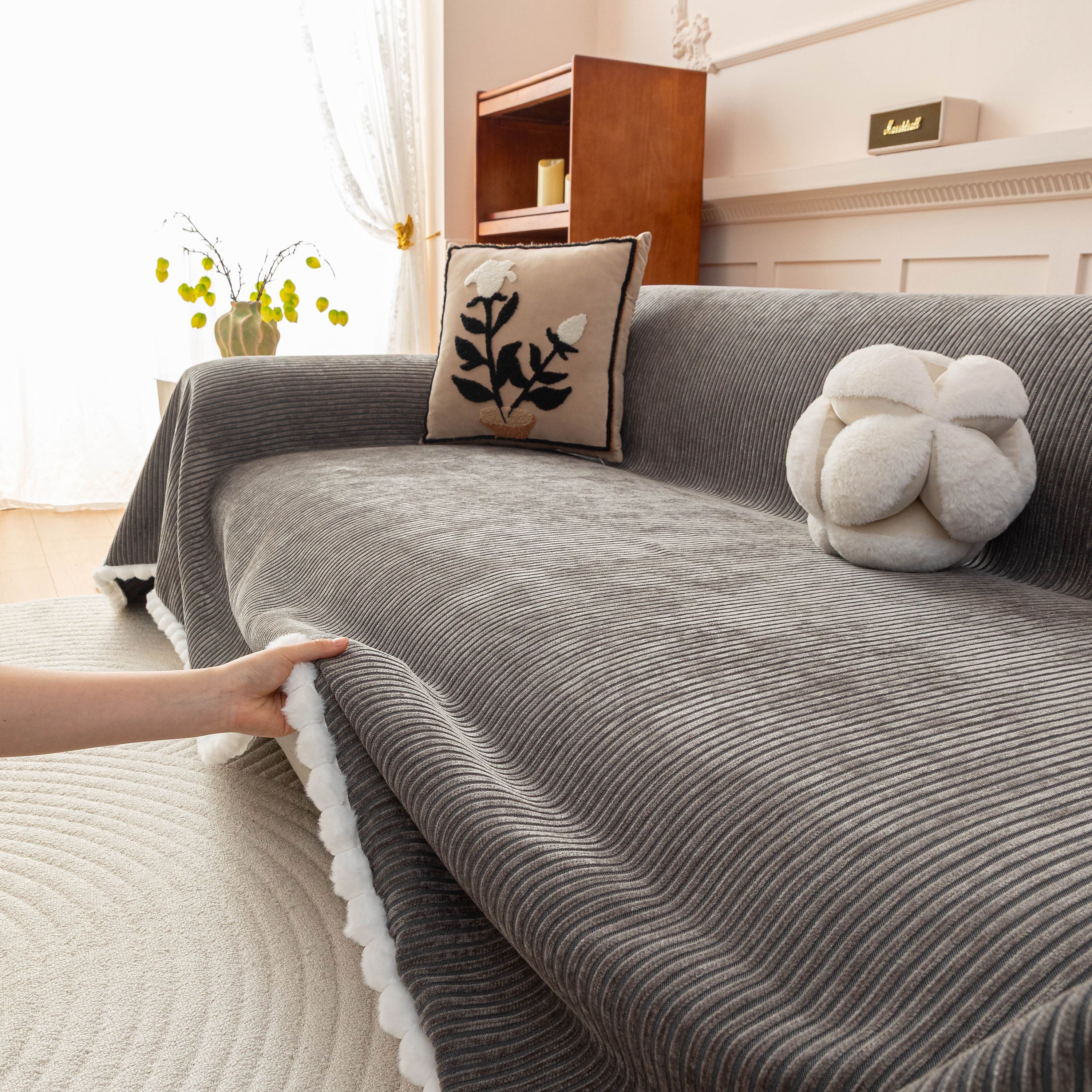 Textured Striped Cozy Couch Cover Throw Blanket with Pom Pom Trim for Sectional Sofa