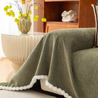 Textured Striped Cozy Couch Cover Throw Blanket with Pom Pom Trim for Sectional Sofa