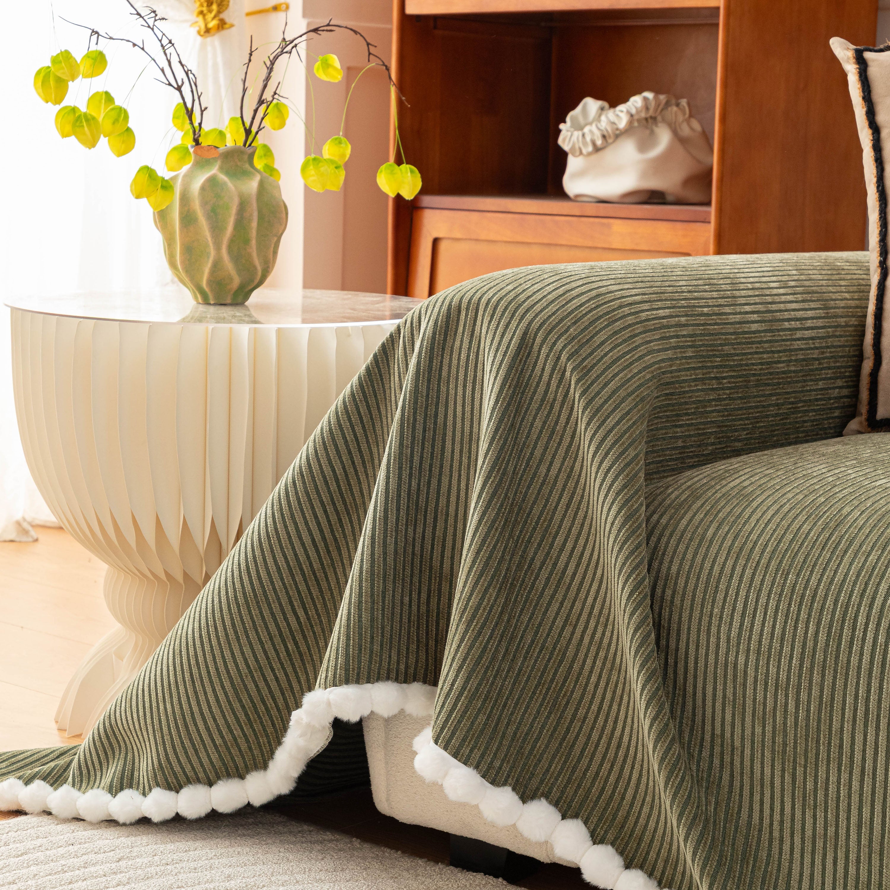 Textured Striped Cozy Couch Cover Throw Blanket with Pom Pom Trim for Sectional Sofa