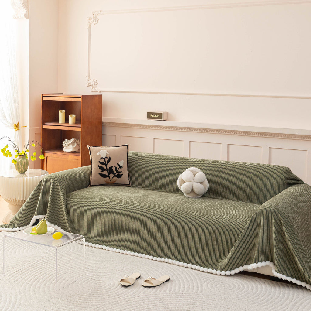 Textured Striped Cozy Couch Cover Throw Blanket with Pom Pom Trim for Sectional Sofa