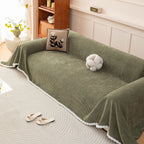 Textured Striped Cozy Couch Cover Throw Blanket with Pom Pom Trim for Sectional Sofa