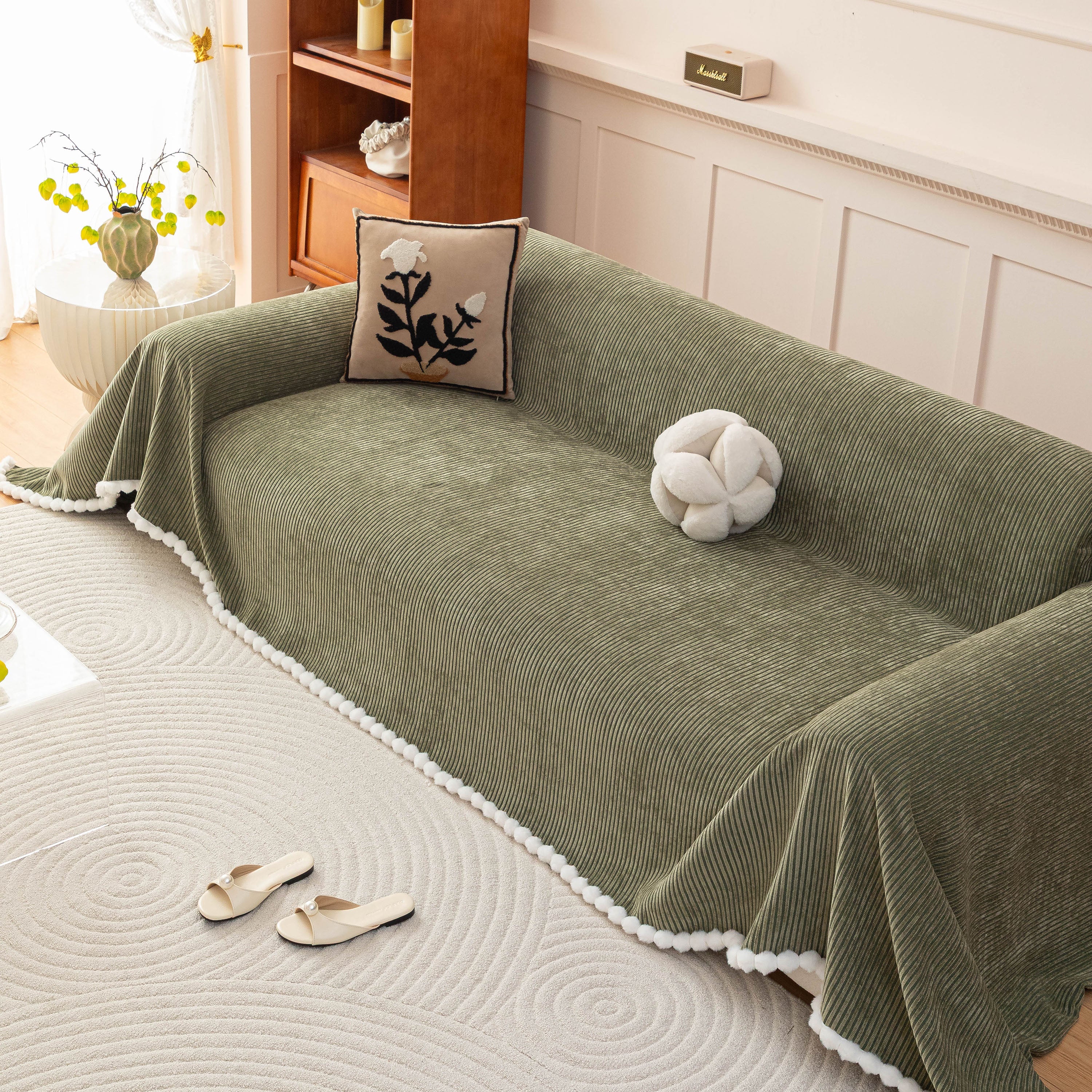 Textured Striped Cozy Couch Cover Throw Blanket with Pom Pom Trim for Sectional Sofa
