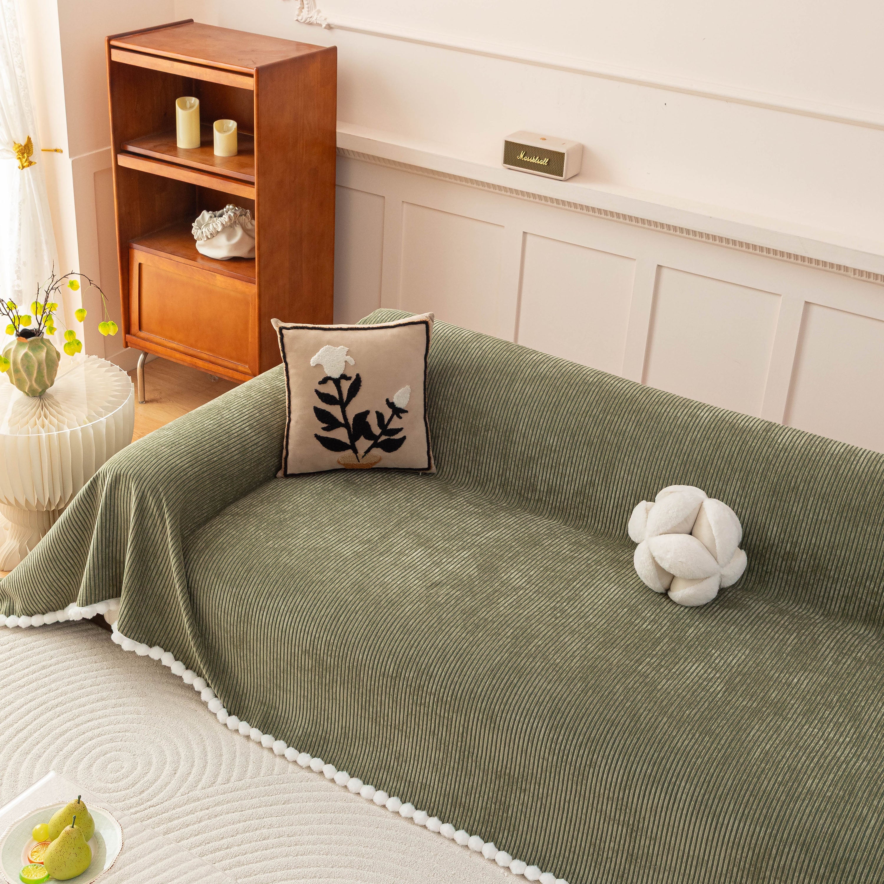 Textured Striped Cozy Couch Cover Throw Blanket with Pom Pom Trim for Sectional Sofa