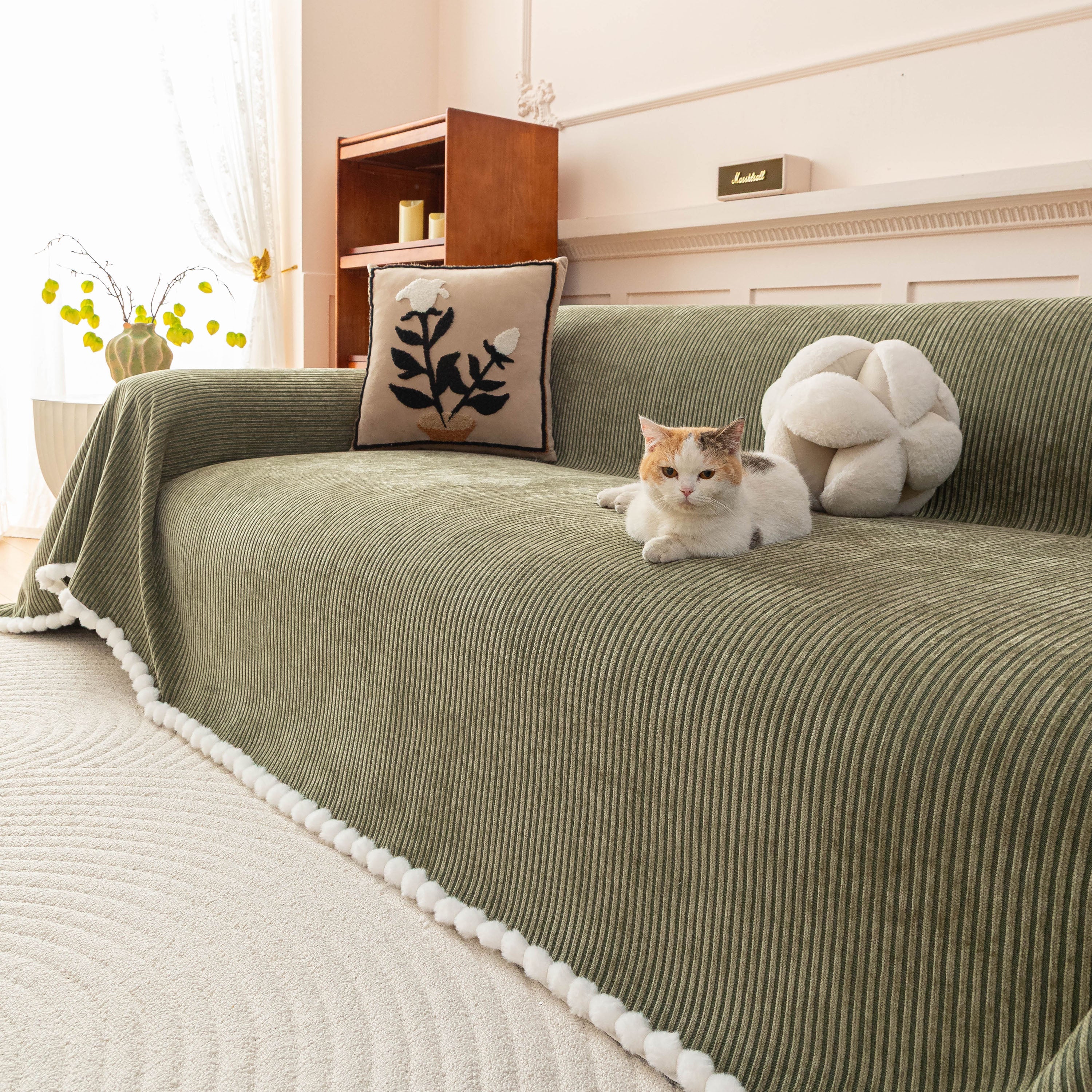 Textured Striped Cozy Couch Cover Throw Blanket with Pom Pom Trim for Sectional Sofa