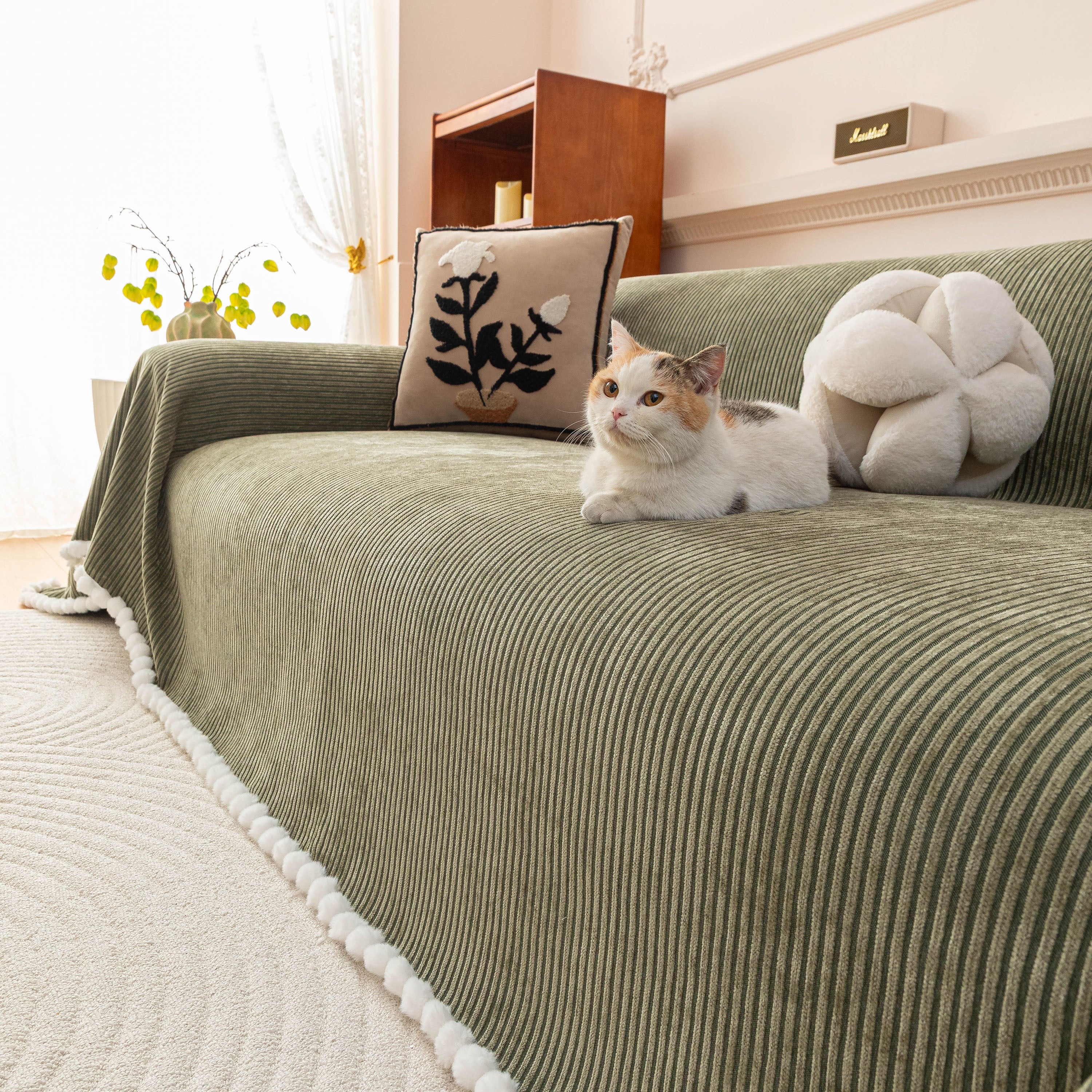 Textured Striped Cozy Couch Cover Throw Blanket with Pom Pom Trim for Sectional Sofa