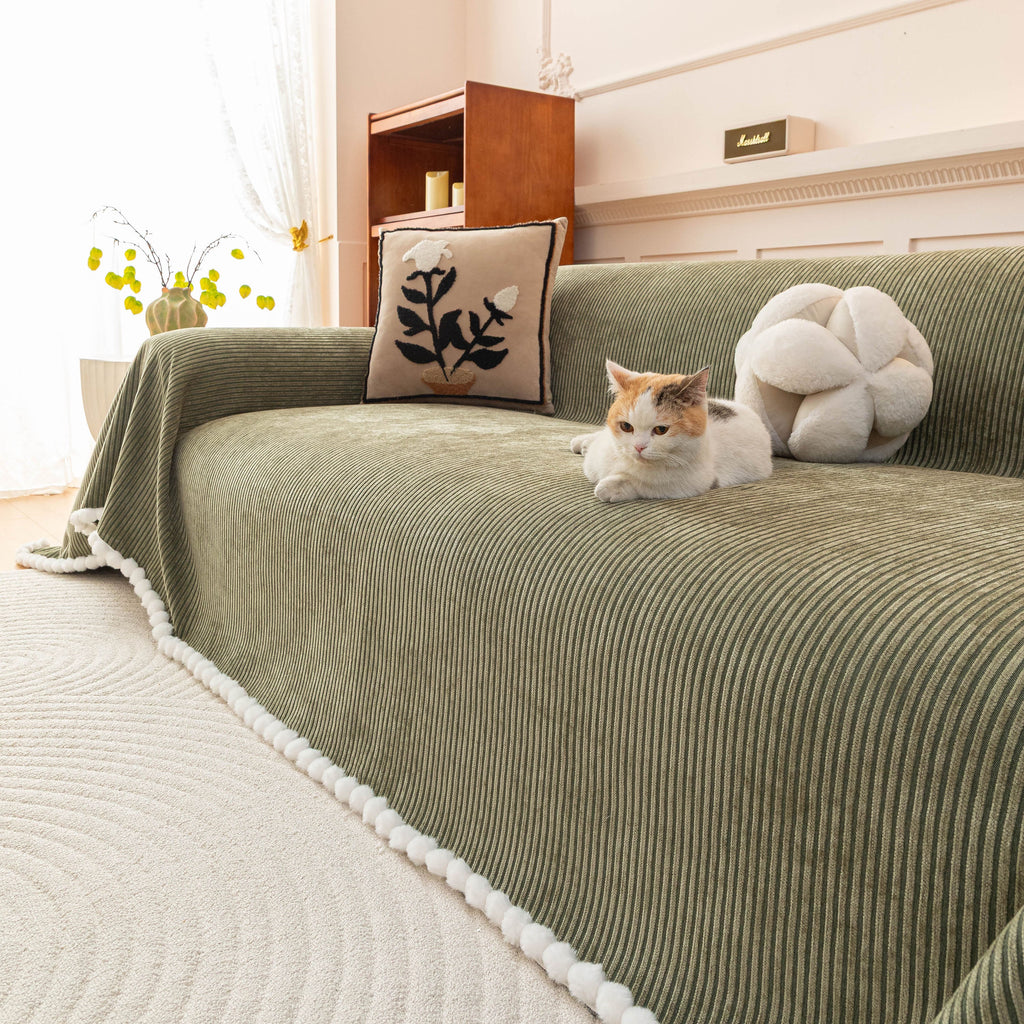 Textured Striped Cozy Couch Cover Throw Blanket with Pom Pom Trim for Sectional Sofa