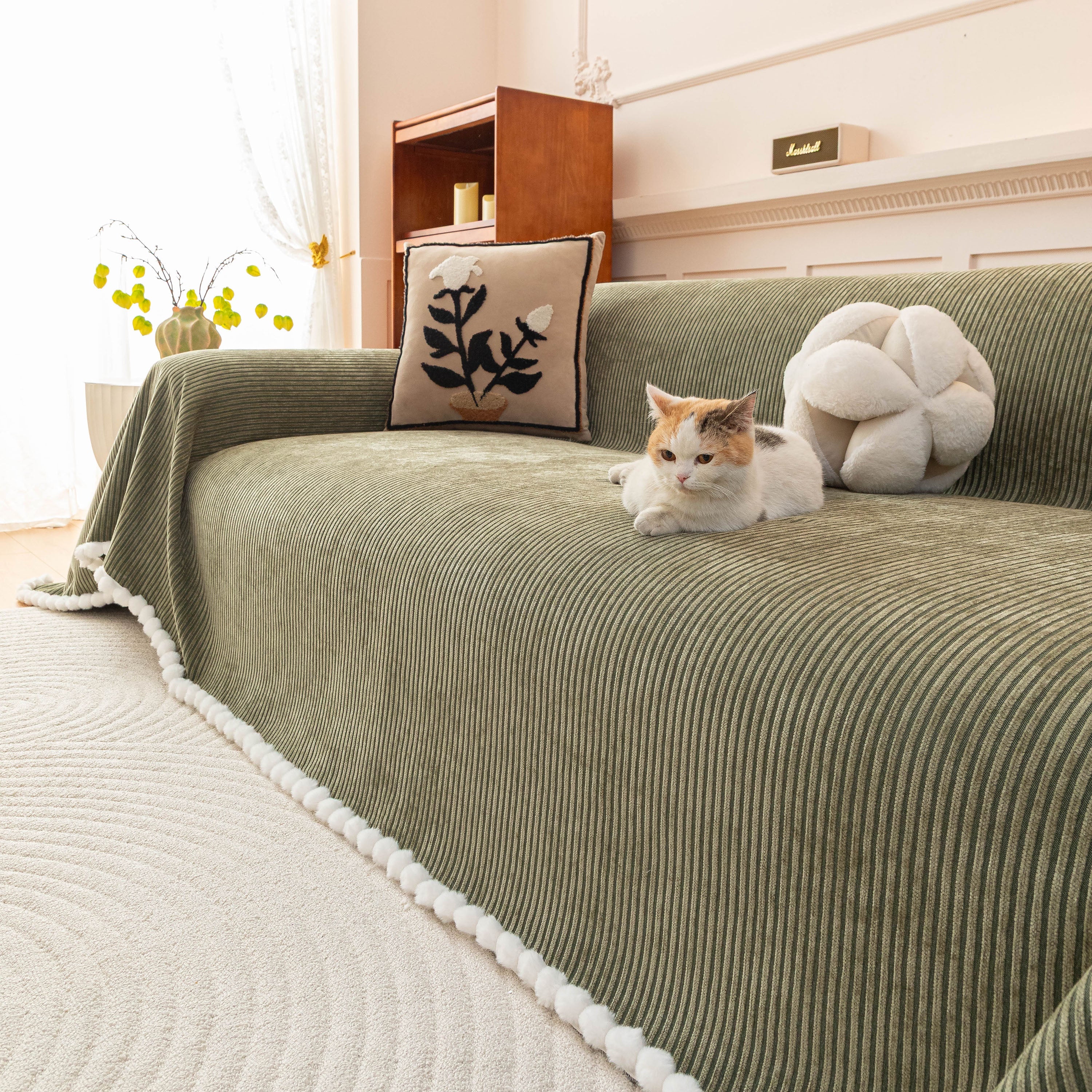 Textured Striped Cozy Couch Cover Throw Blanket with Pom Pom Trim for Sectional Sofa
