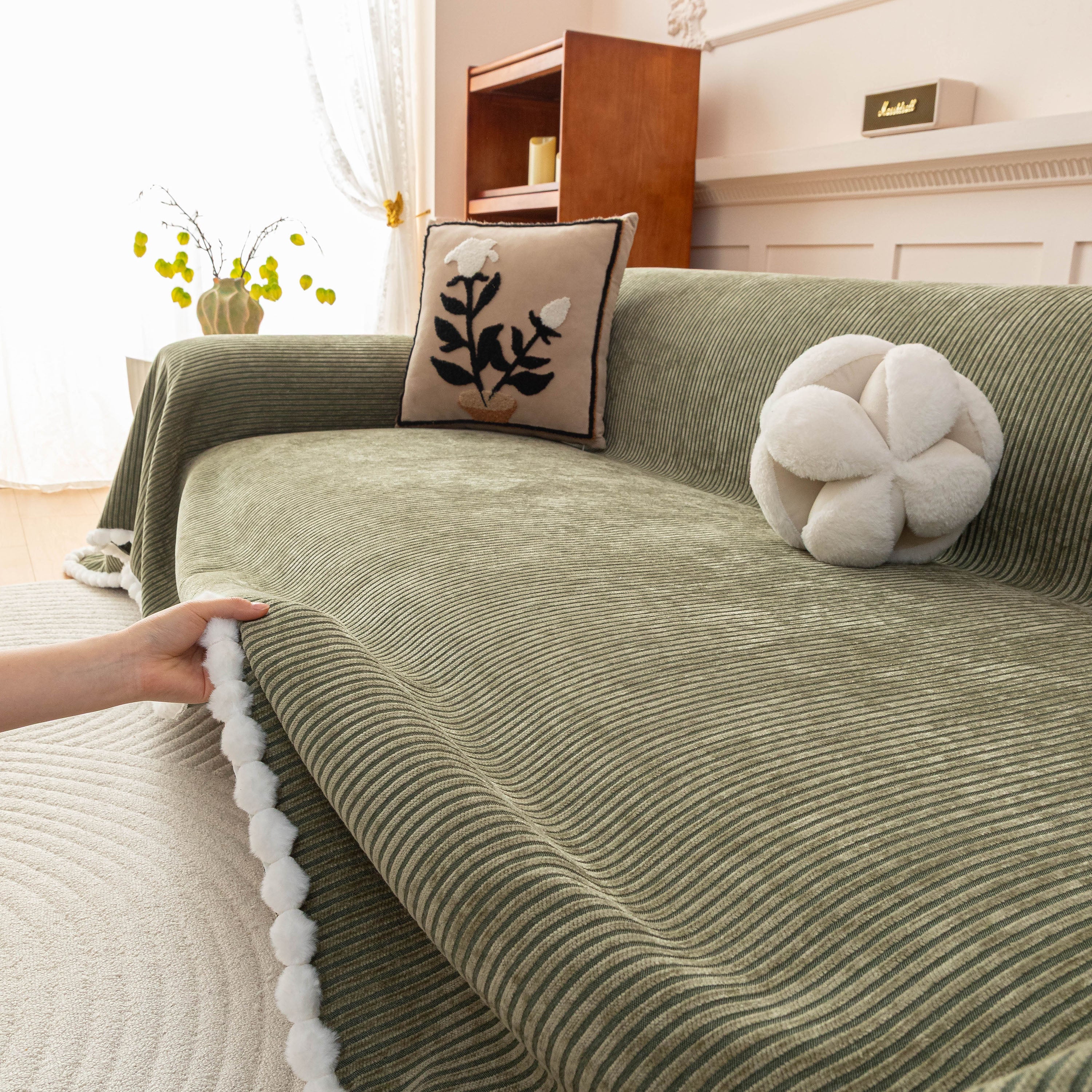 Textured Striped Cozy Couch Cover Throw Blanket with Pom Pom Trim for Sectional Sofa