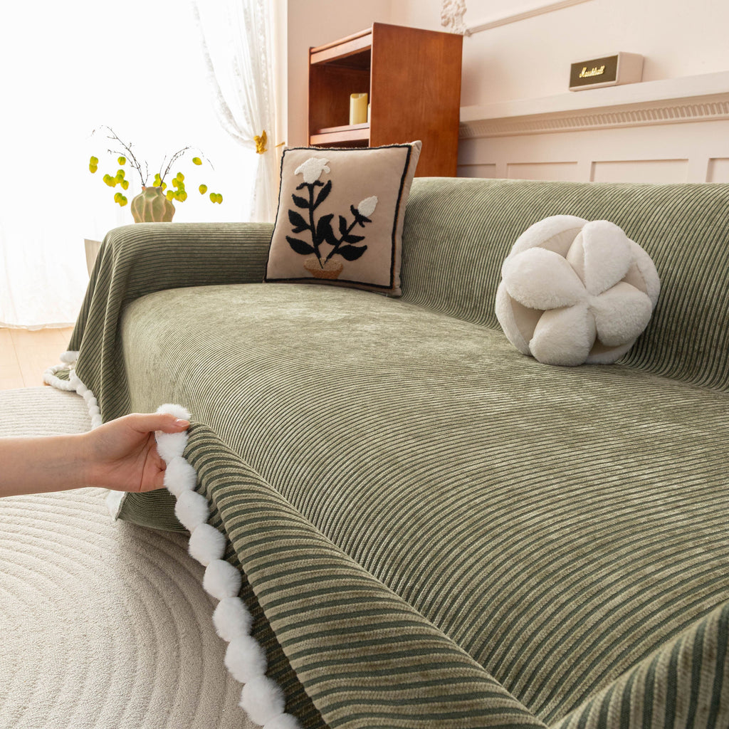 Textured Striped Cozy Couch Cover Throw Blanket with Pom Pom Trim for Sectional Sofa