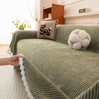 Textured Striped Cozy Couch Cover Throw Blanket with Pom Pom Trim for Sectional Sofa