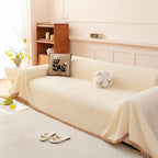 Textured Striped Cozy Couch Cover Throw Blanket with Pom Pom Trim for Sectional Sofa