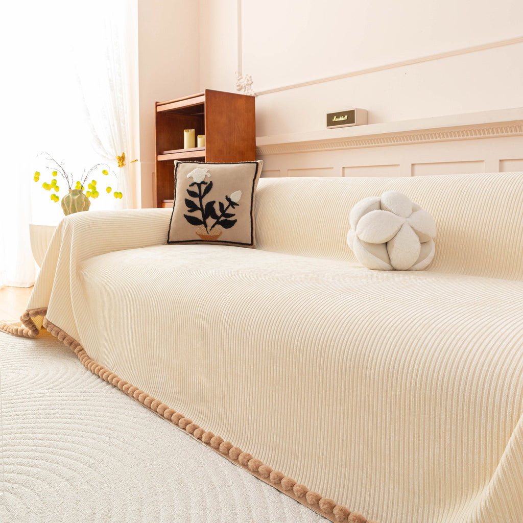 Textured Striped Cozy Couch Cover Throw Blanket with Pom Pom Trim for Sectional Sofa