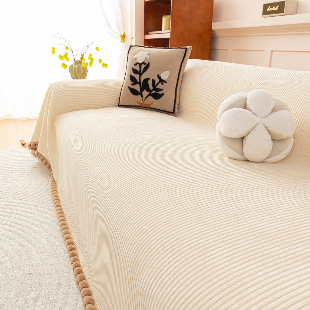 Textured Striped Cozy Couch Cover Throw Blanket with Pom Pom Trim for Sectional Sofa